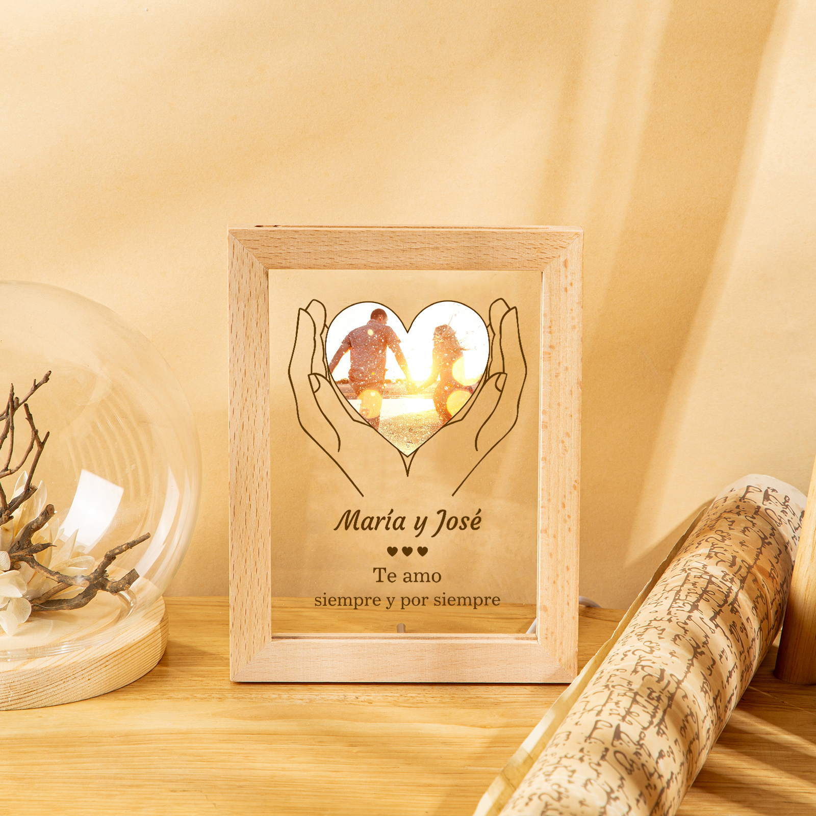 Marco con lámpara de 1 foto de madera para pareja 1 texto personalizado-Jessemade ES