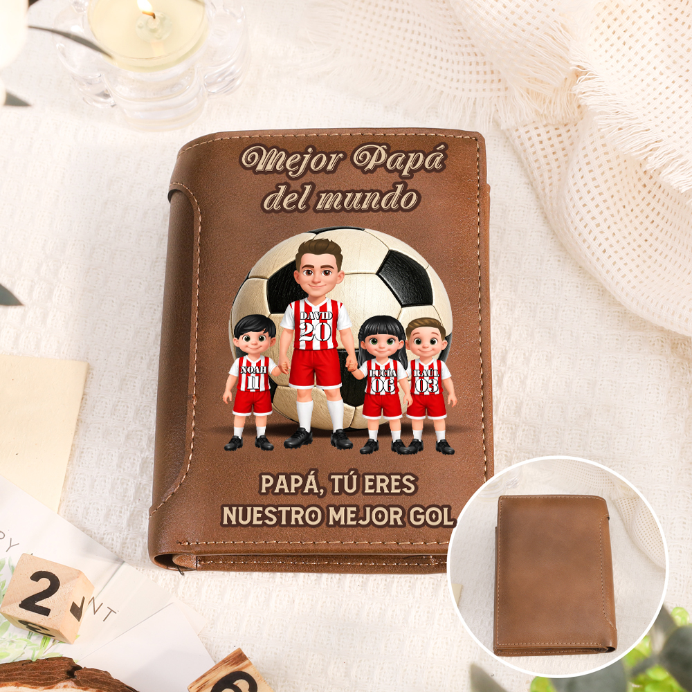 Cartera de cuero personalizada para papá del equipo de fútbol, personalizada con 1 a 6 hijos