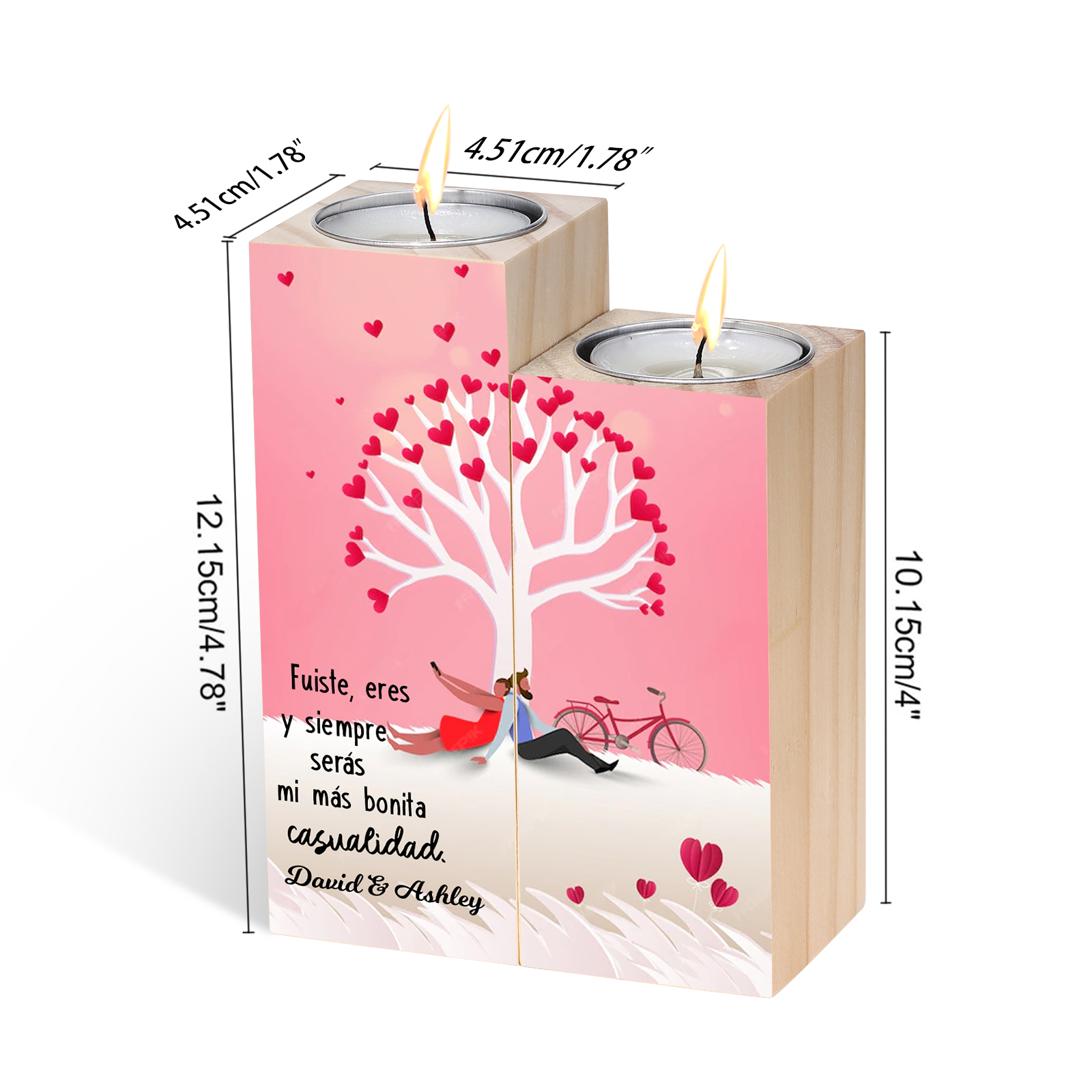 Candelero de árbol de amor para pareja de madera de dos piezas sin candela con 1 texto personalizado-Jessemade ES