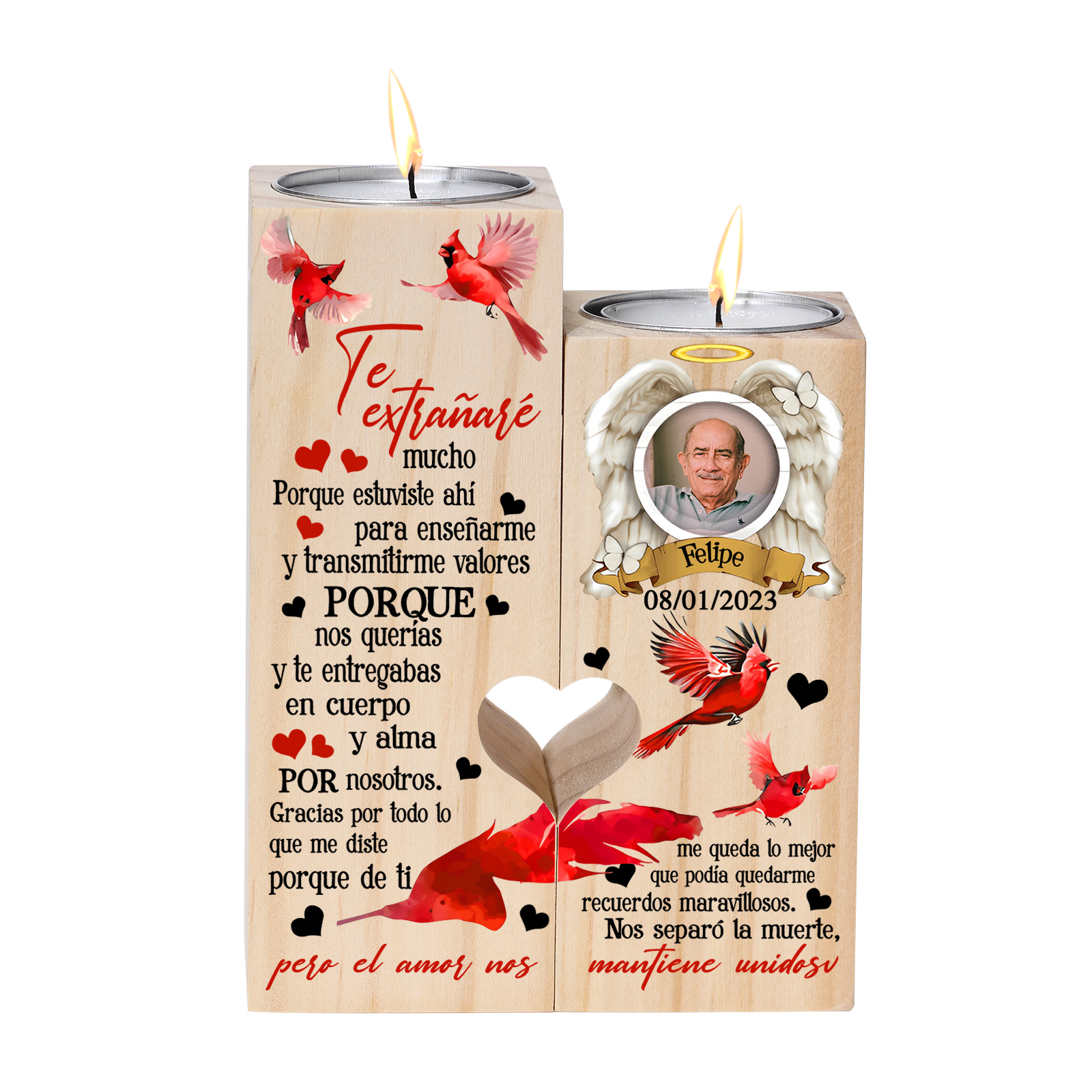 Candelero de dos piezas en memoria de ser querido de madera nombre, foto y año personalizados sin vela-Jessemade ES