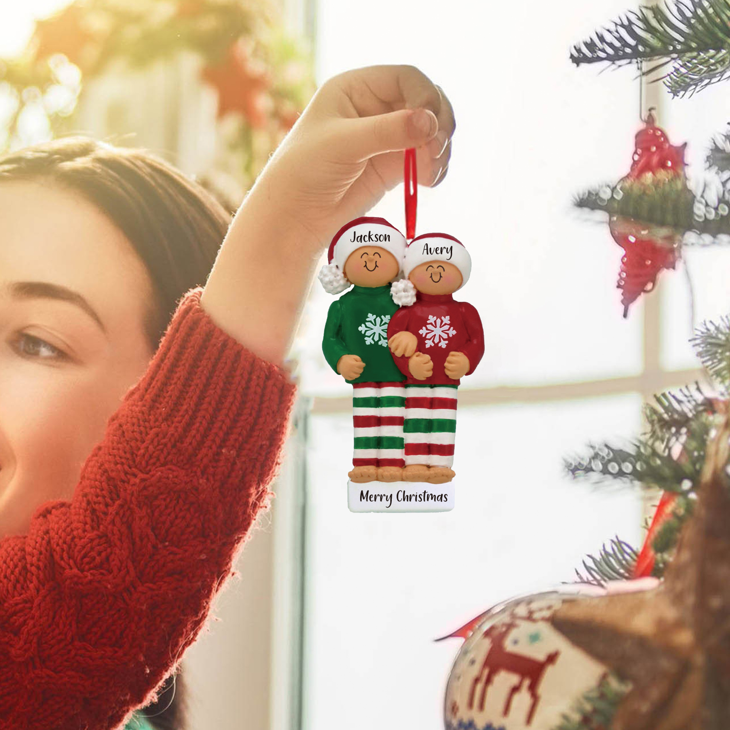 Navidad-Ornamento muñecos navideño de madera 2 nombres y 1 texto personalizados adorno del árbol