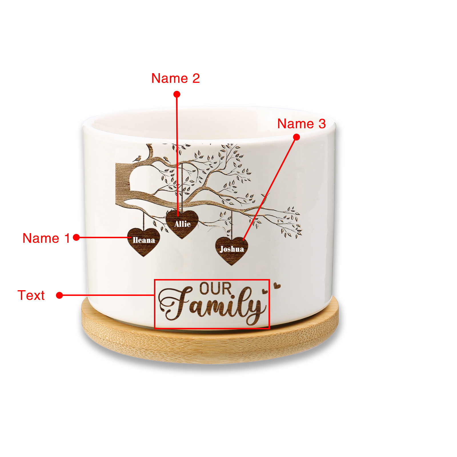 Florero con base de cerámica árbol de corazones 2-8 nombres personalizados con texto decoración del hogar-Jessemade ES