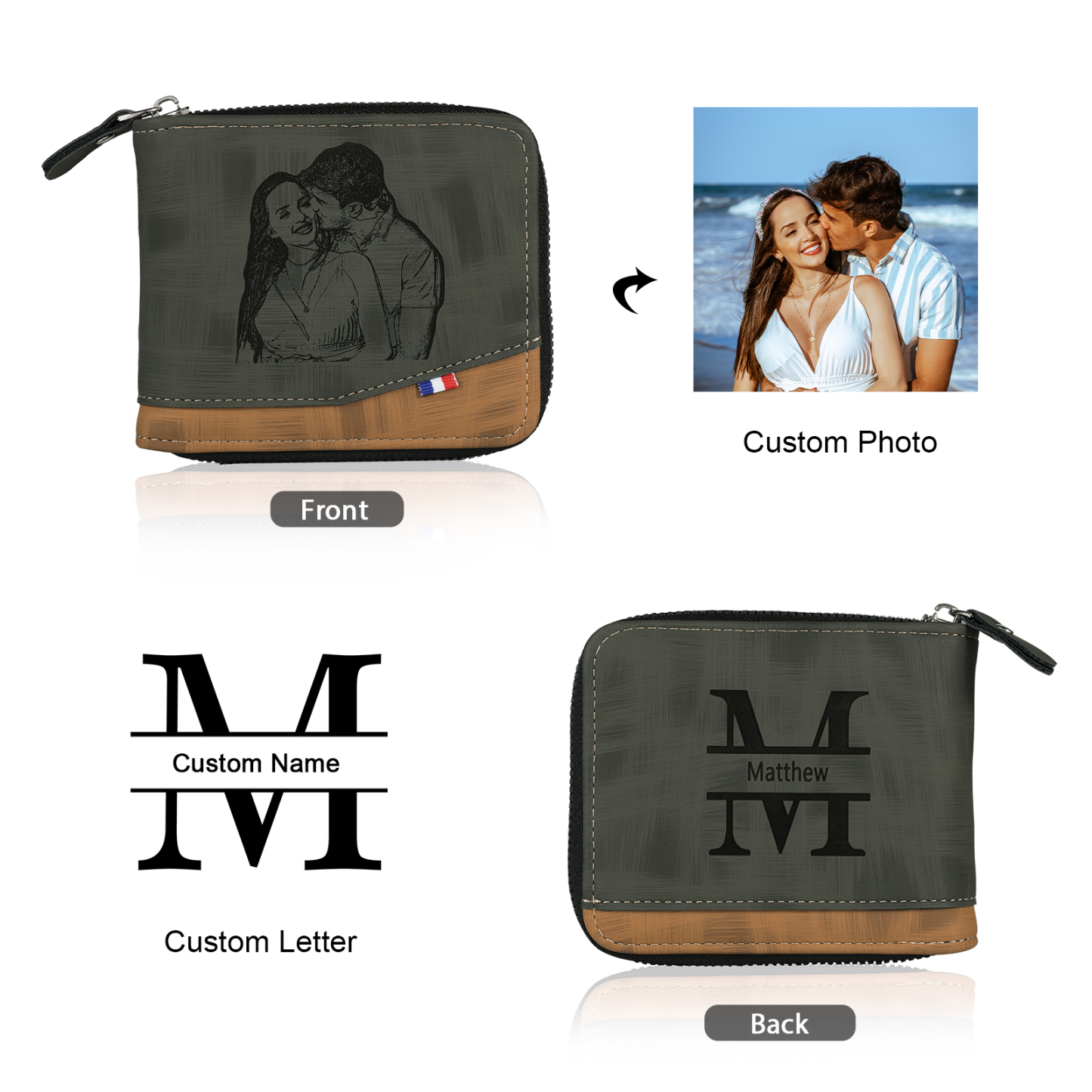 Cartera, billetera personalizada con 1 foto, 1 nombre y 1 letra monedero para hombre
