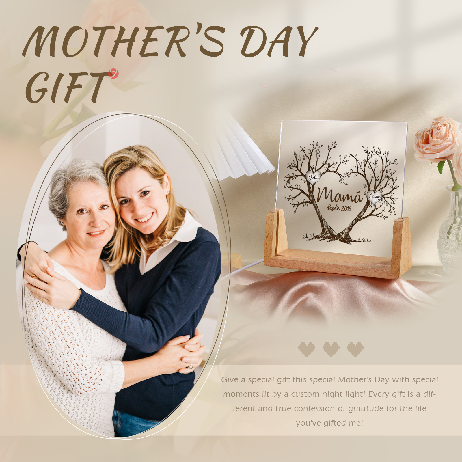 A mi mamá/abuela-Lámpara Personalizada con 2-8 Nombres, 1 Texto y 1 Fecha "árbol de la vida" 3D Ilusión Luz de Noche-Jessemade ES