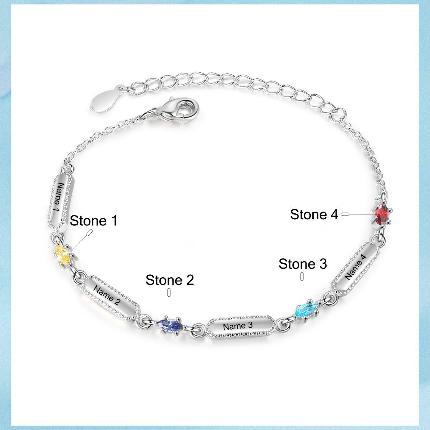 Pulsera infinito para mujer y placa personalizada con 4 nombres y 4 piedras de nacimiento-Jessemade ES