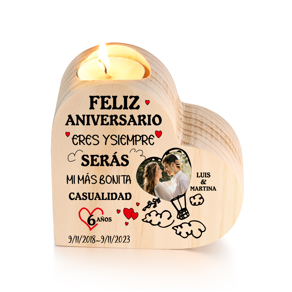 Aniversario-Candelero de madera para pareja con texto amoroso sin vela personalizado con nombres, fecha, foto y número-Jessemade ES