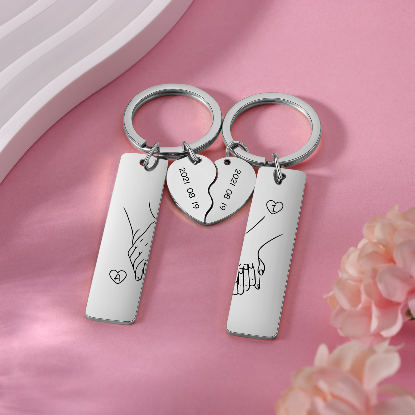 A mi querido-Llavero para pareja mano a mano 2 letras personalizadas con fecha-Jessemade ES