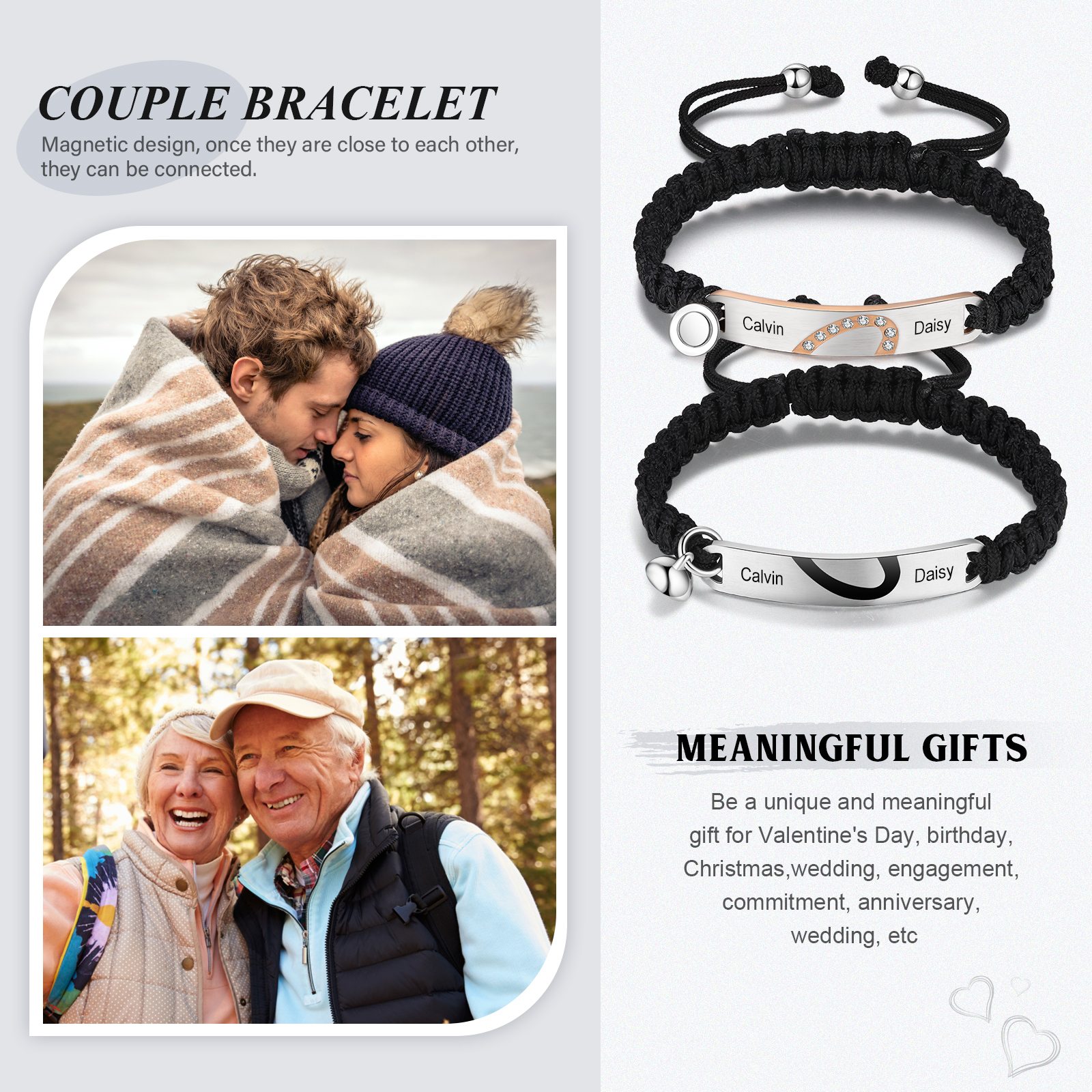 Pulsera de dos piezas de cuerda 2 Nombres personalizados para pareja con dije magnético-Jessemade ES