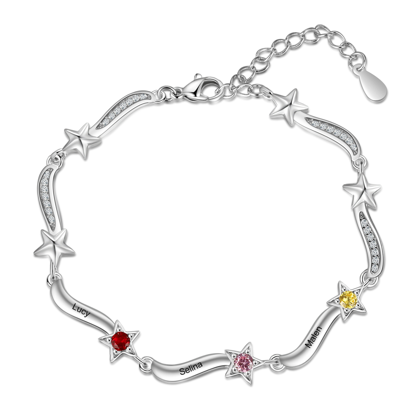 Pulsera Brazalete personalizada de 3 nombres y estrellas con 3 piedras de nacimiento-Jessemade ES