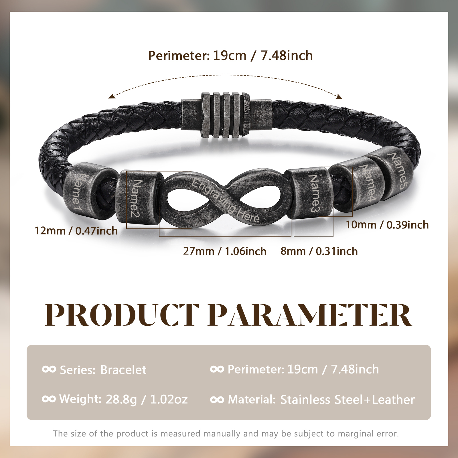 2-5 Nombres y 1 Texto Personalizados Pulsera de Cuero con Dije de Nudo Infinito-Jessemade ES