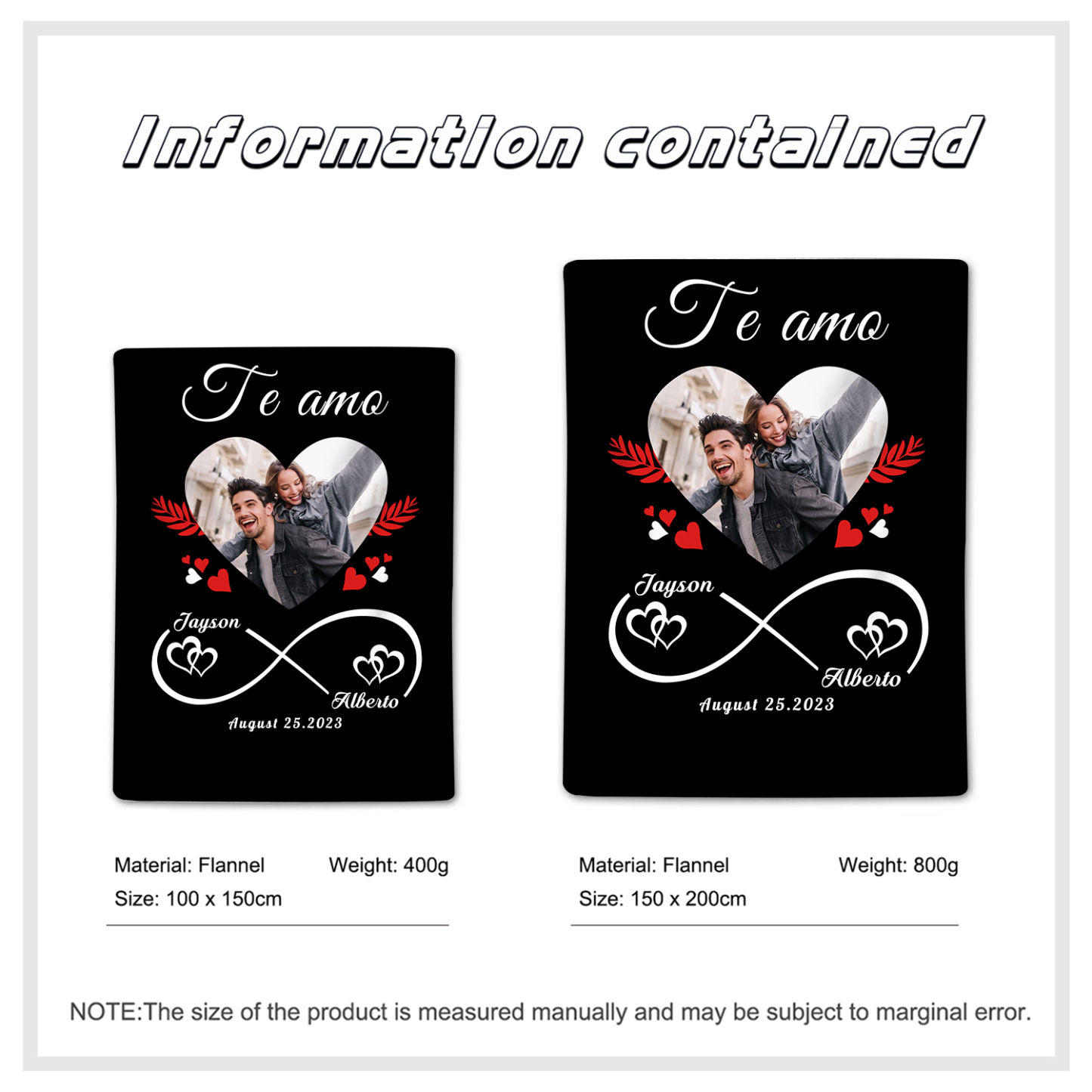 Pareja-Manta de buen calidad de nudo infinito y foto personalizada con nombres y fecha-Jessemade ES