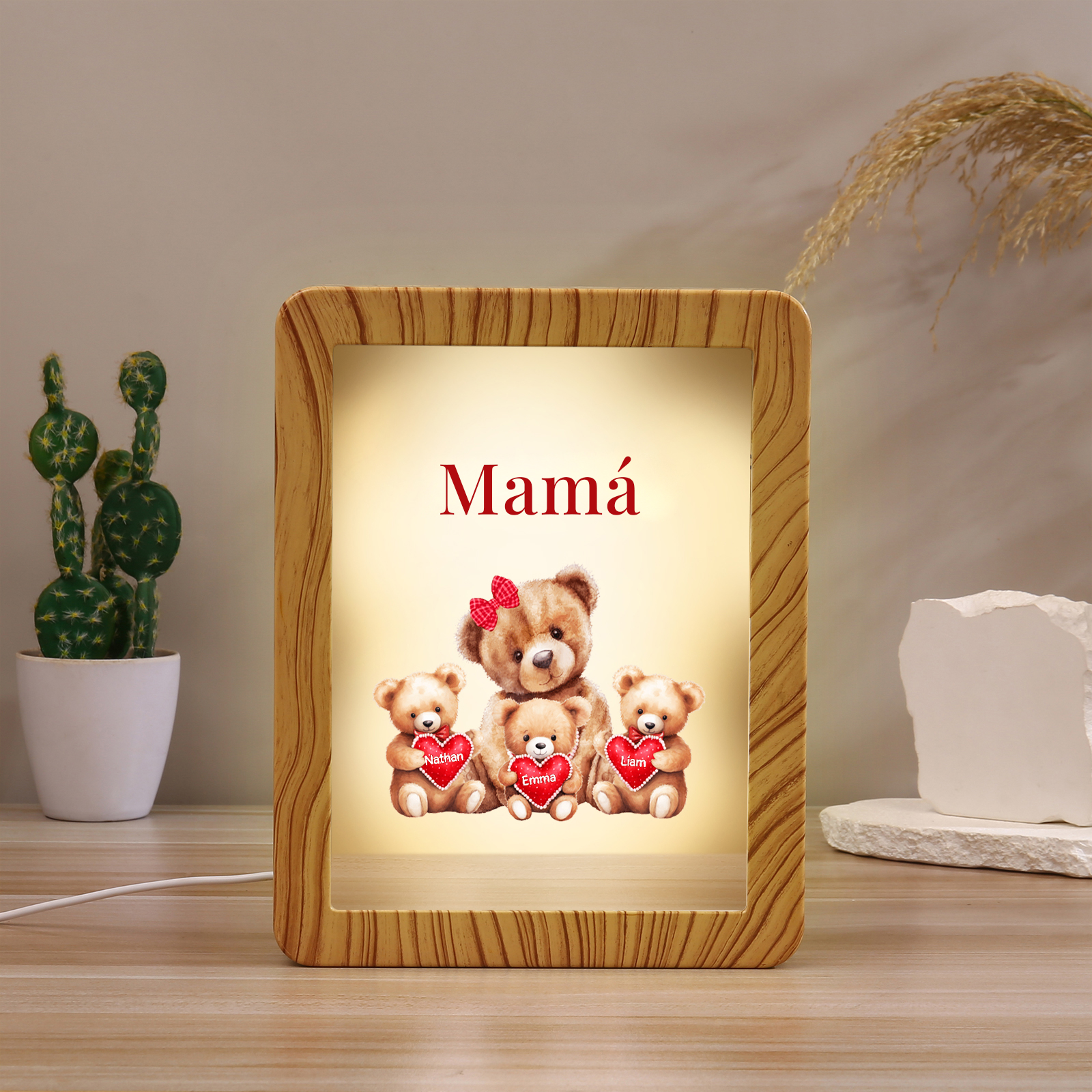 Marco/Espejo con LED Multifuncional Familia de Osos 1-4 Nombres Personalizados con 1 Texto-Jessemade ES