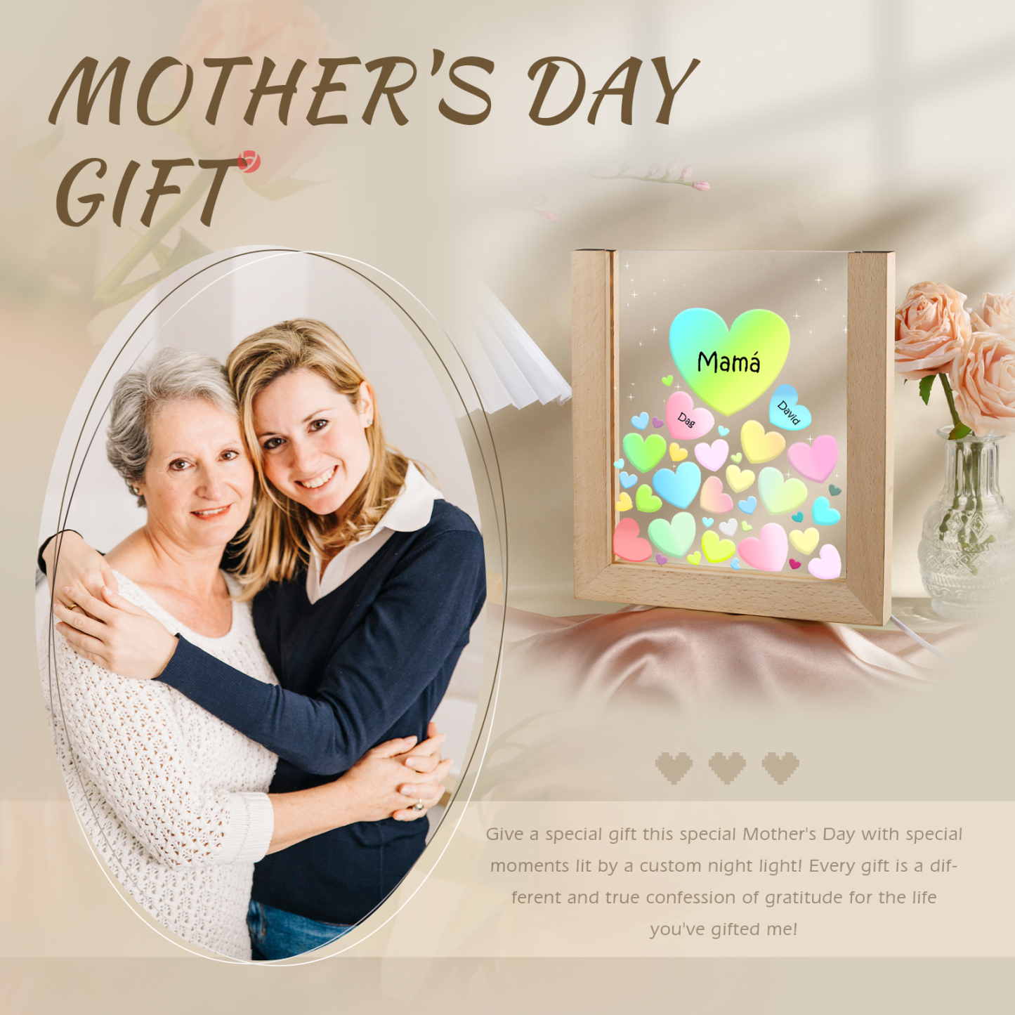 A mi mamá/abuela-Lámpara Personalizada con 2-8 Nombres y Texto "corazones" 3D Ilusión Luz de Noche-Jessemade ES