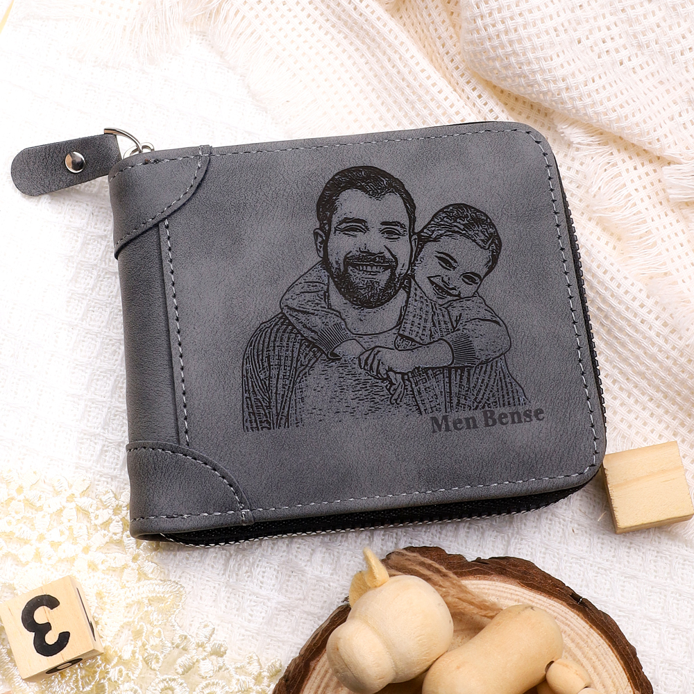 Cartera, billetera con cierre con 1 foto y 3 textos personalizados, monedero clásico para hombre | Jessemade