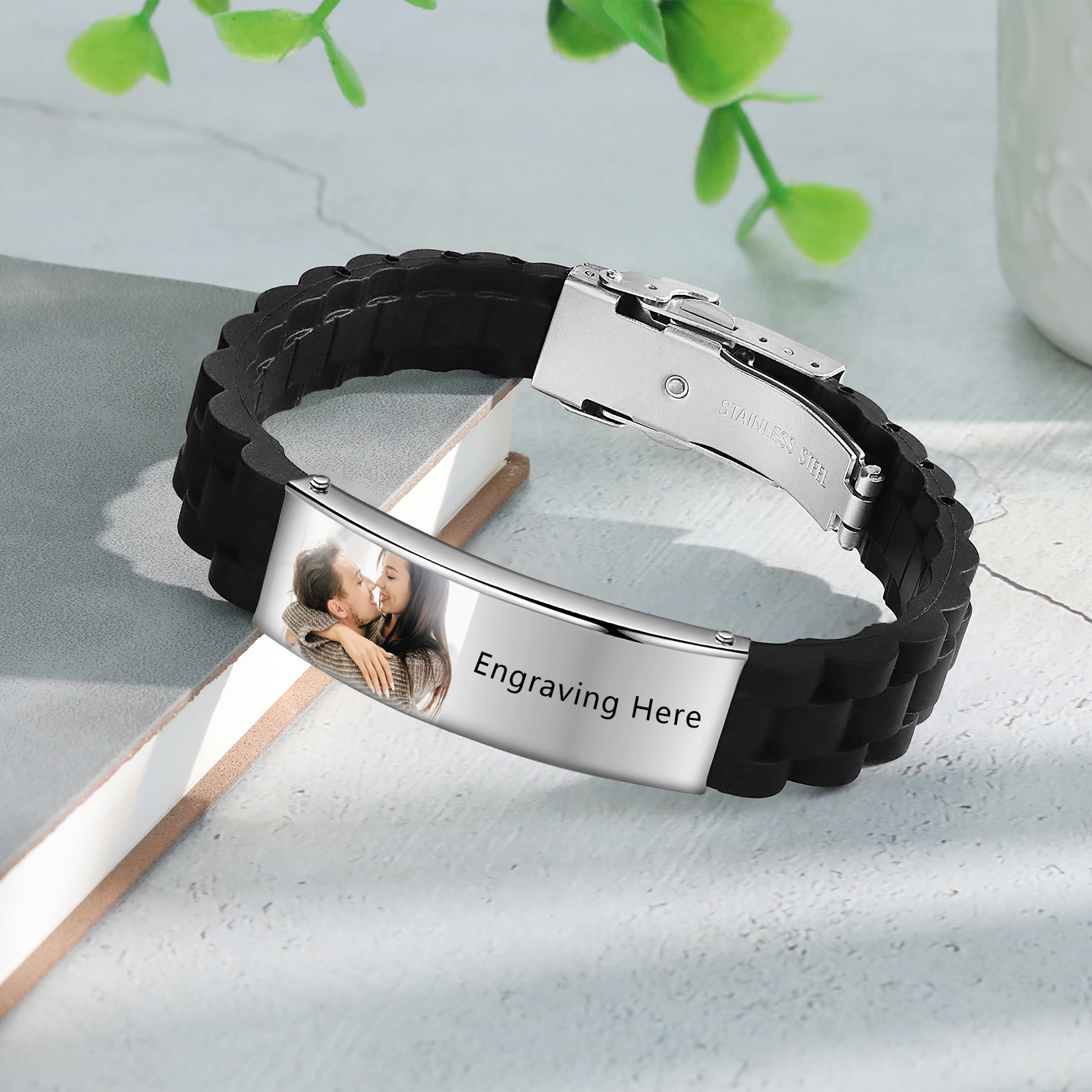 Pulsera personalizada con 1 texto y 1 foto para hombre-Jessemade ES
