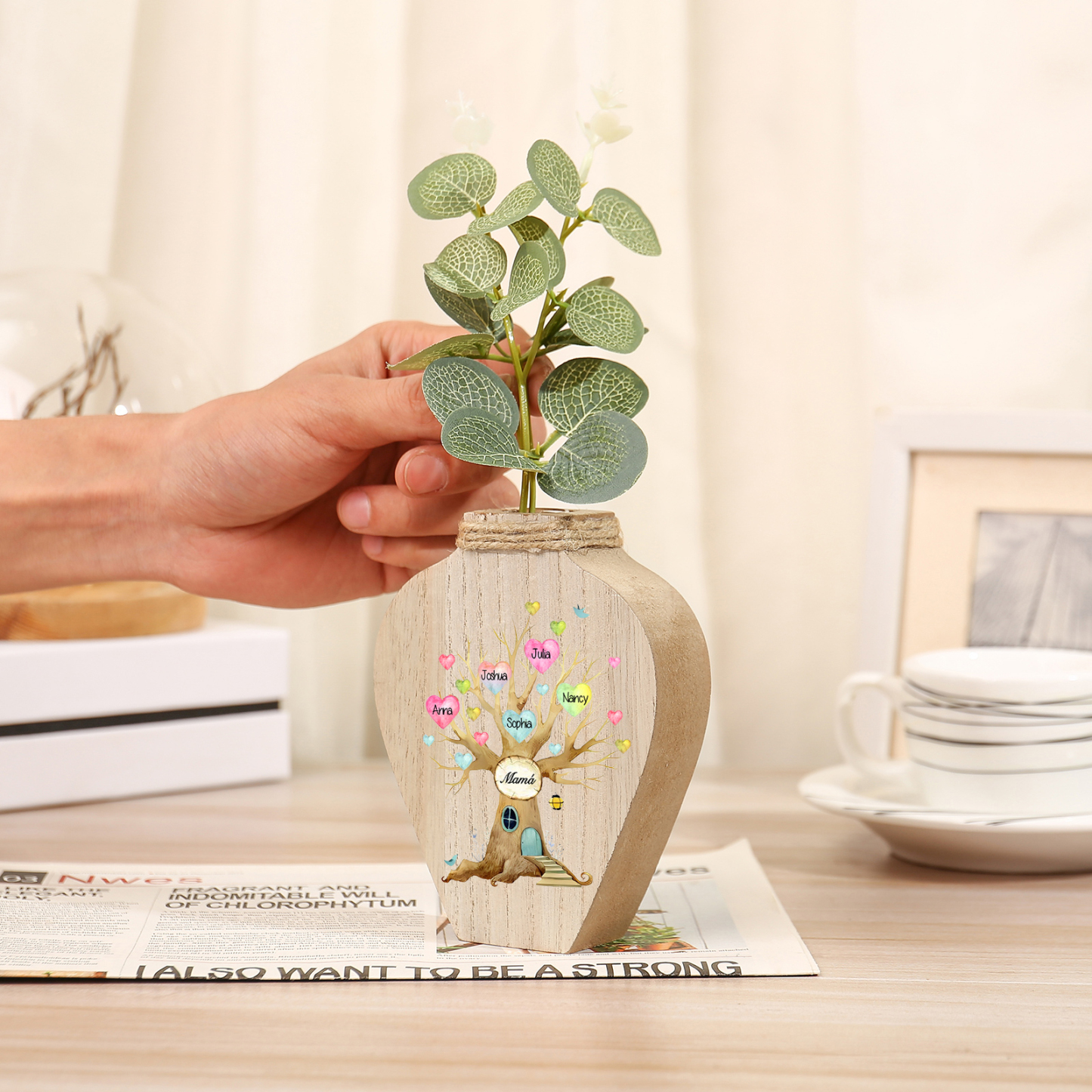 Florero de madera árbol de corazones 5 nombres personalizados con texto decoración del hogar-Jessemade ES