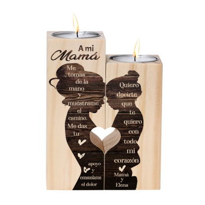 A mi mamá-Candelero de madera de dos piezas sin candela silueta de mamá y niñ@ 1 texto personalizado-Jessemade ES