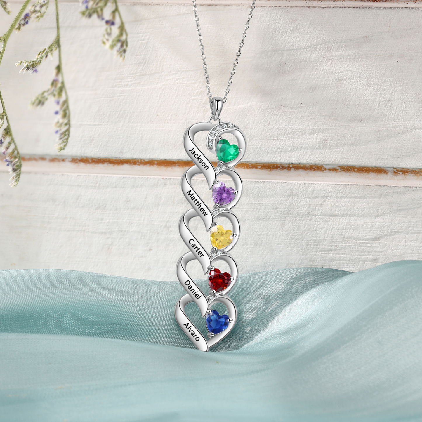 Collar de cinco corazones con 5 nombres y piedras de nacimiento personalizados-Jessemade ES