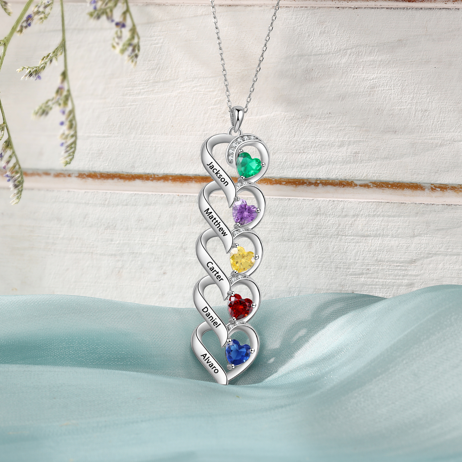 Collar de cinco corazones con 5 nombres y piedras de nacimiento personalizados-Jessemade ES