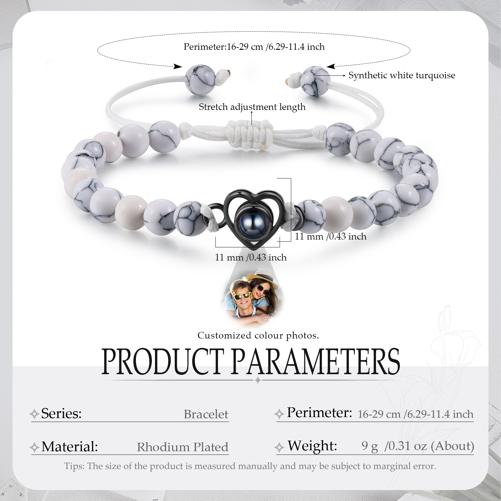 Pulsera de turquesa blanca sintética con proyección de foto en color con dije de corazón pulsera ajustable-Jessemade ES