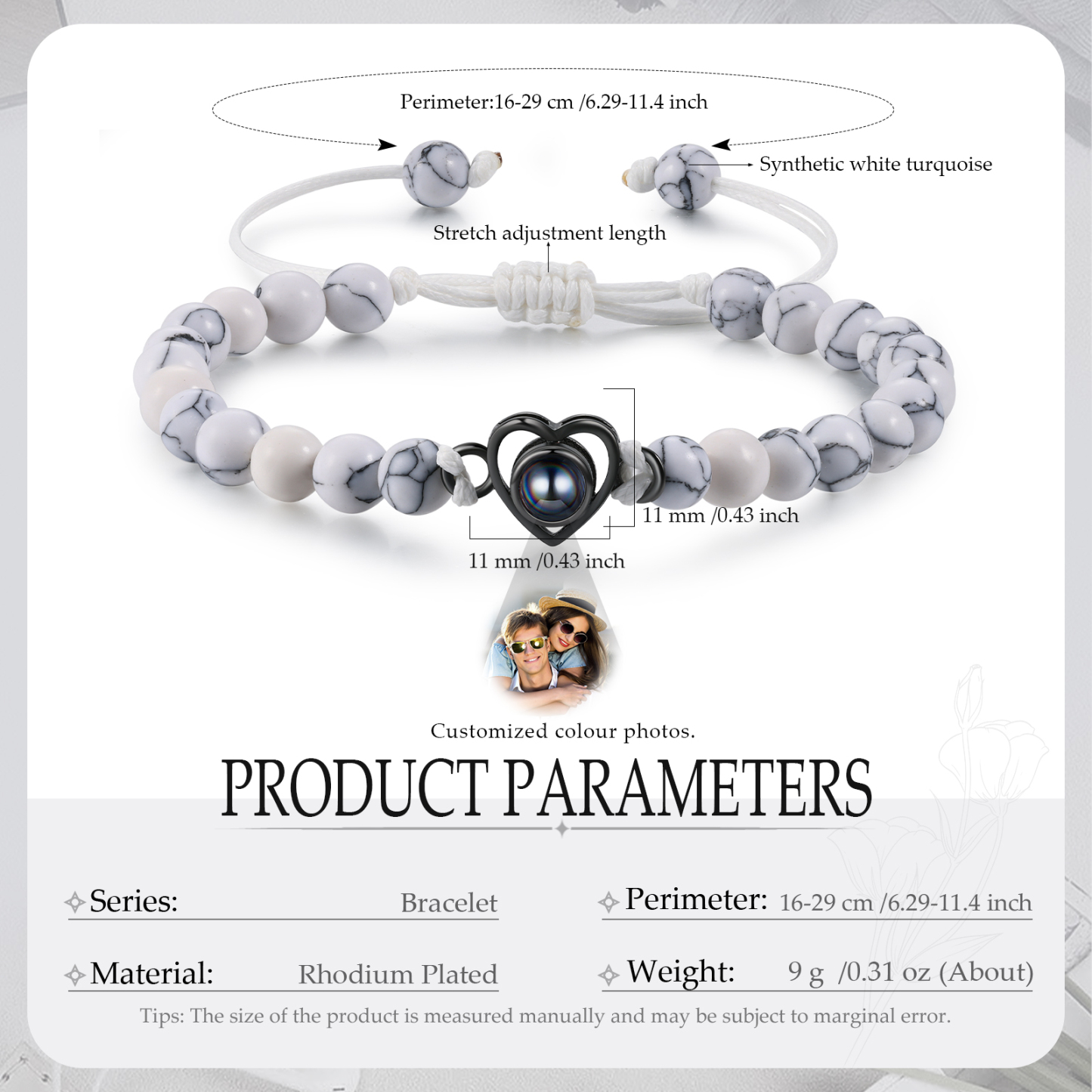 Pulsera de turquesa blanca sintética con proyección de foto en color con dije de corazón pulsera ajustable-Jessemade ES