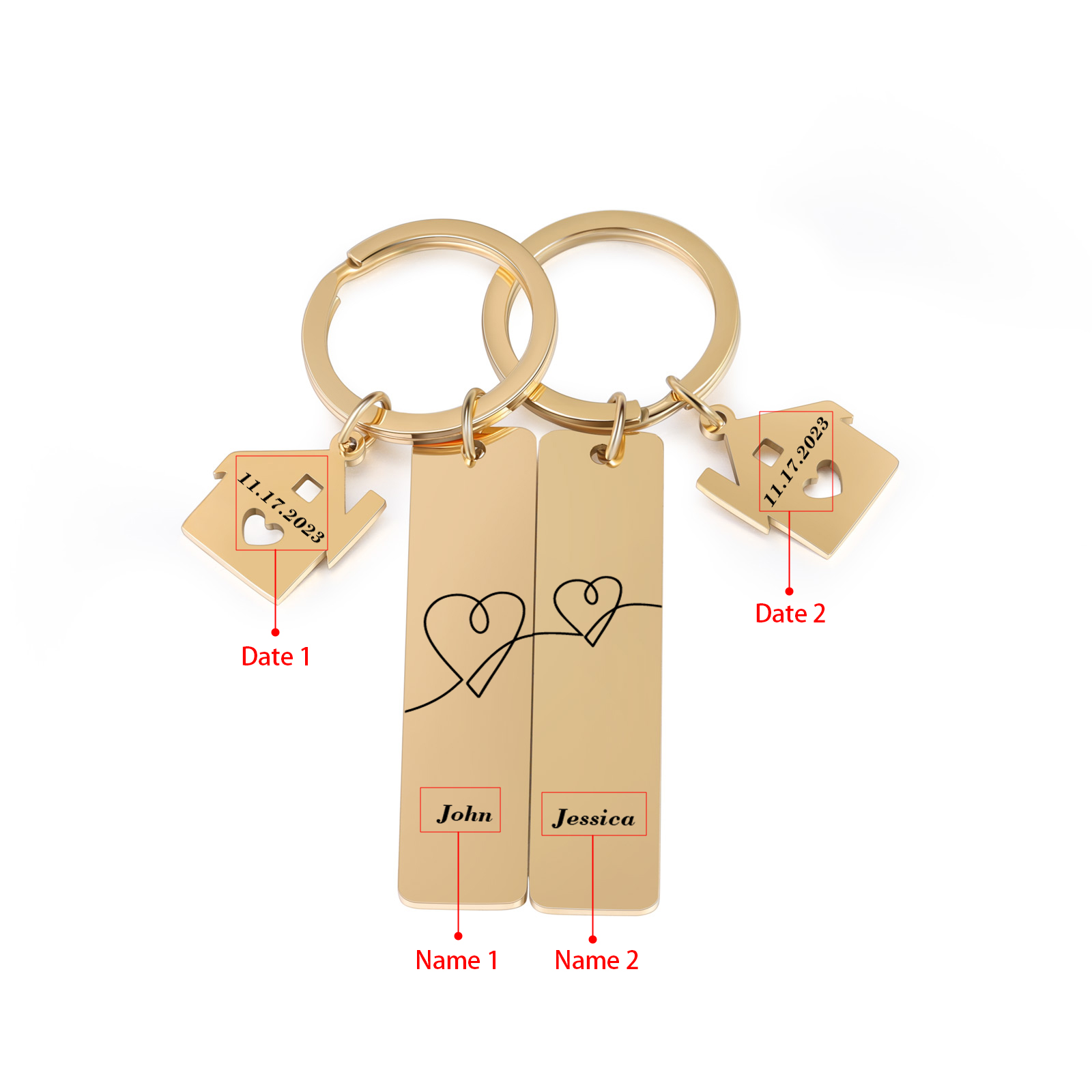 Llavero para pareja corazones conectados 2 nombres personalizados con fecha dije de casa-Jessemade ES