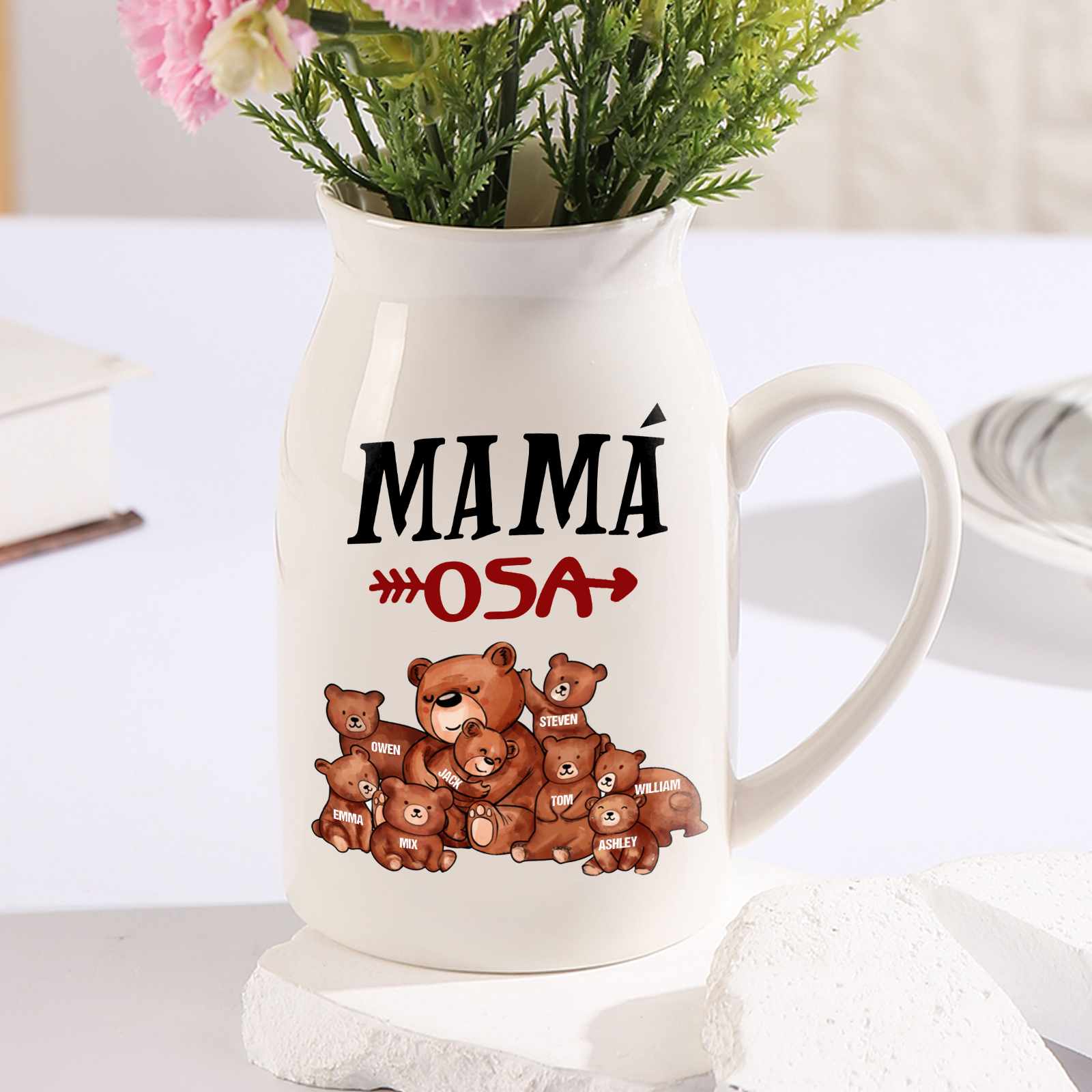 Florero de cerámica mamaosa y sus bebés 2-8 nombres personalizados con texto decoración del hogar-Jessemade ES