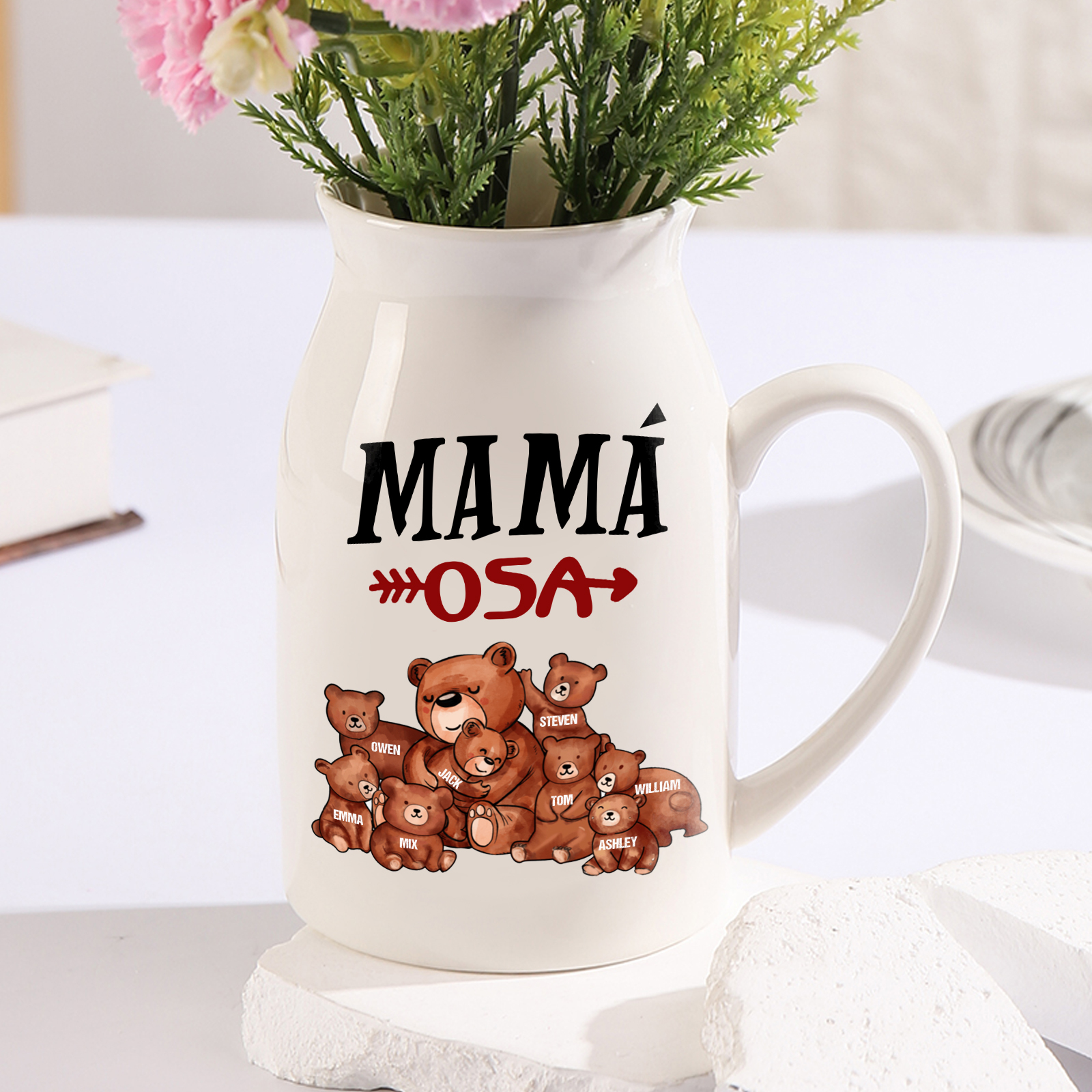 Florero de cerámica mamaosa y sus bebés 2-8 nombres personalizados con texto decoración del hogar-Jessemade ES