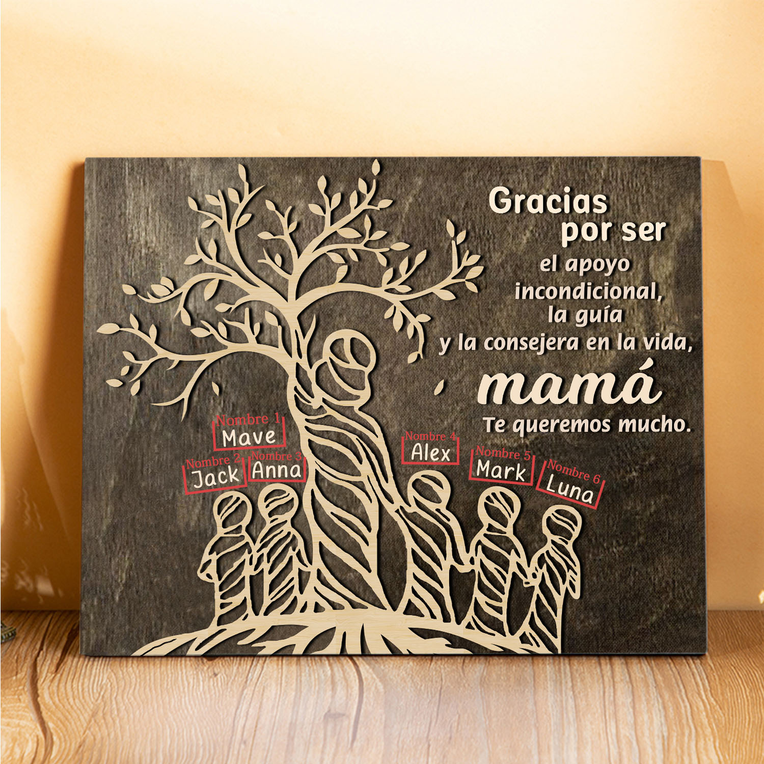 A mi mamá-Lámina mujer de árbol marco de madera personalizado con 6 nombres-Jessemade ES