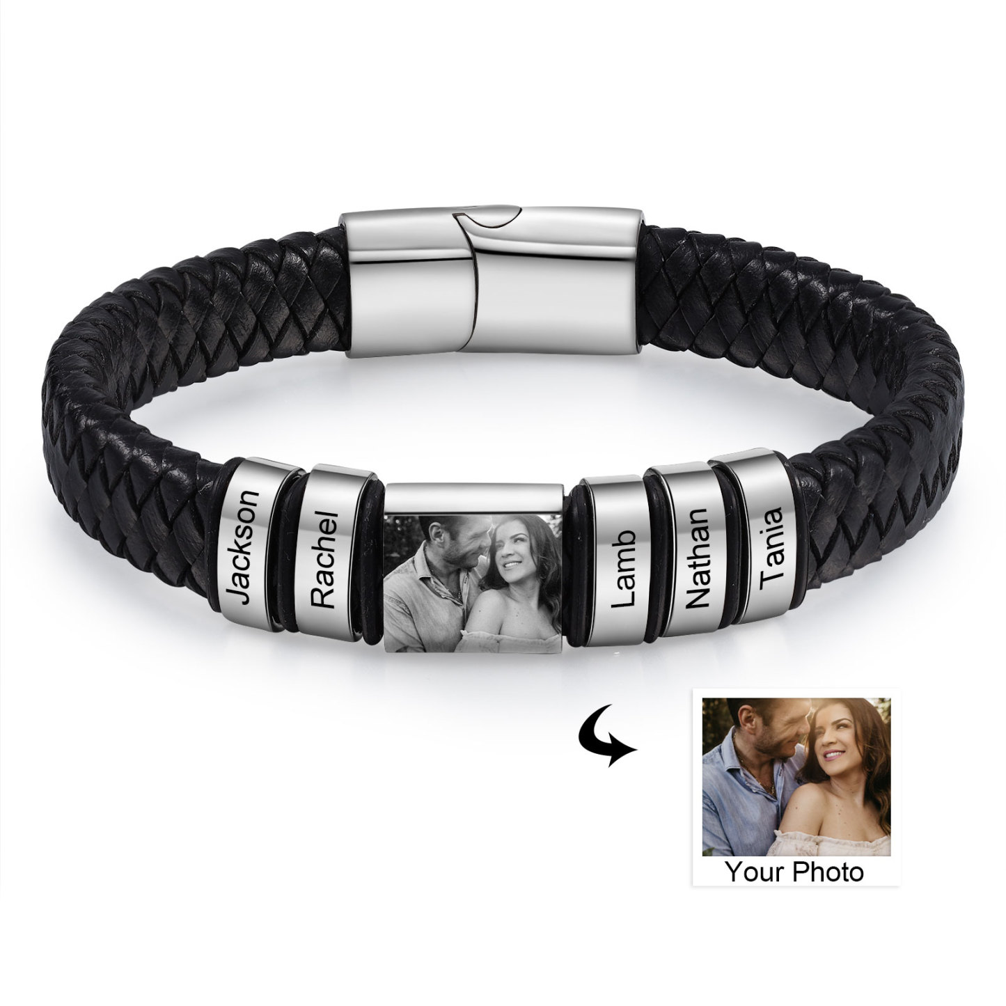 Pulsera de Cueros Trenzados Aros Personalizados de 2-5 Nombres y Placa de Foto-Jessemade ES