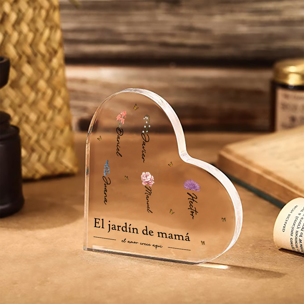 A mi mamá/abuela-Placa de acrílico en forma de corazón jardín 1-10 nombres y flores personalizados con 1 texto-Jessemade ES