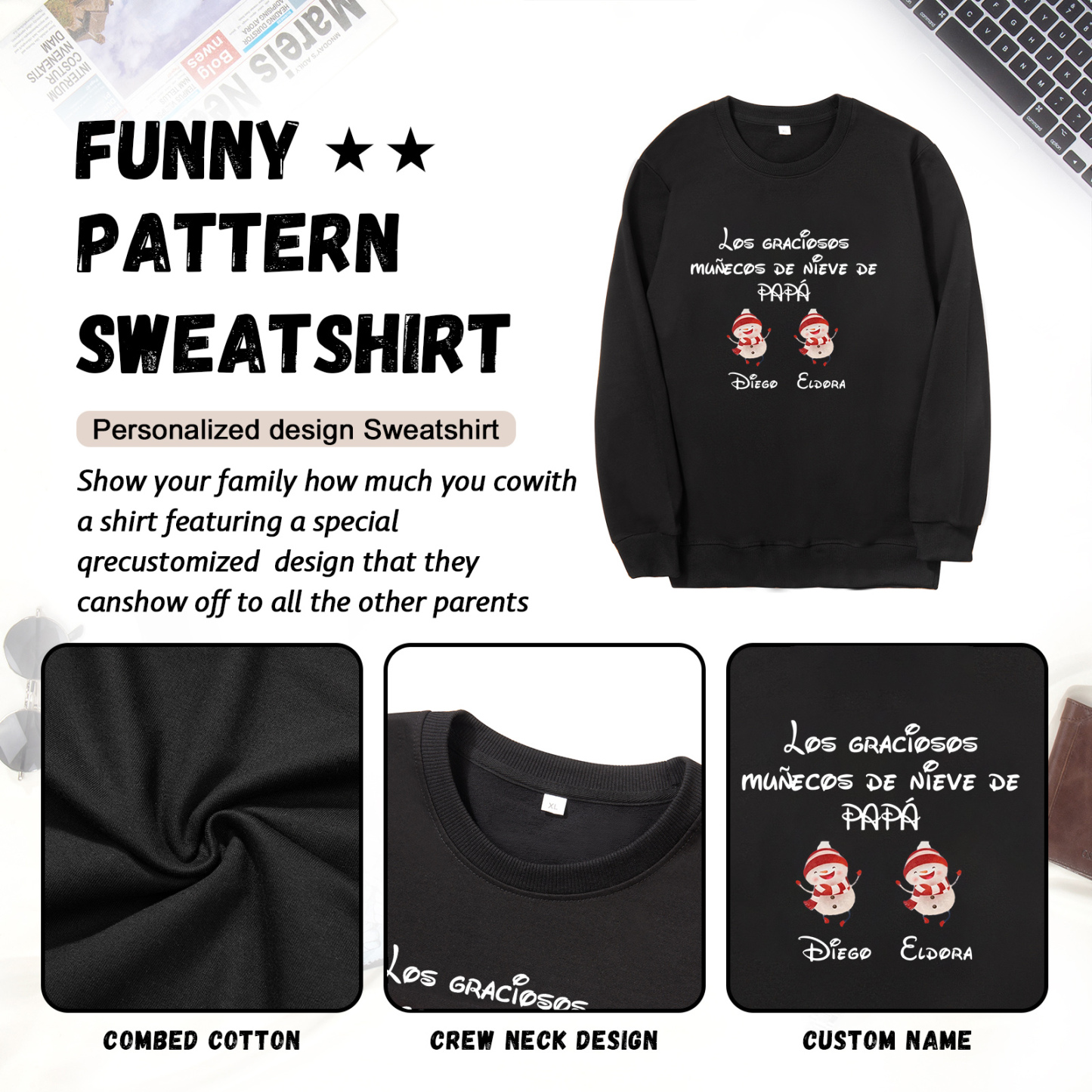 Familia-Sudadera "Muñecos de nieve" 3 nombres personalizados-Jessemade ES