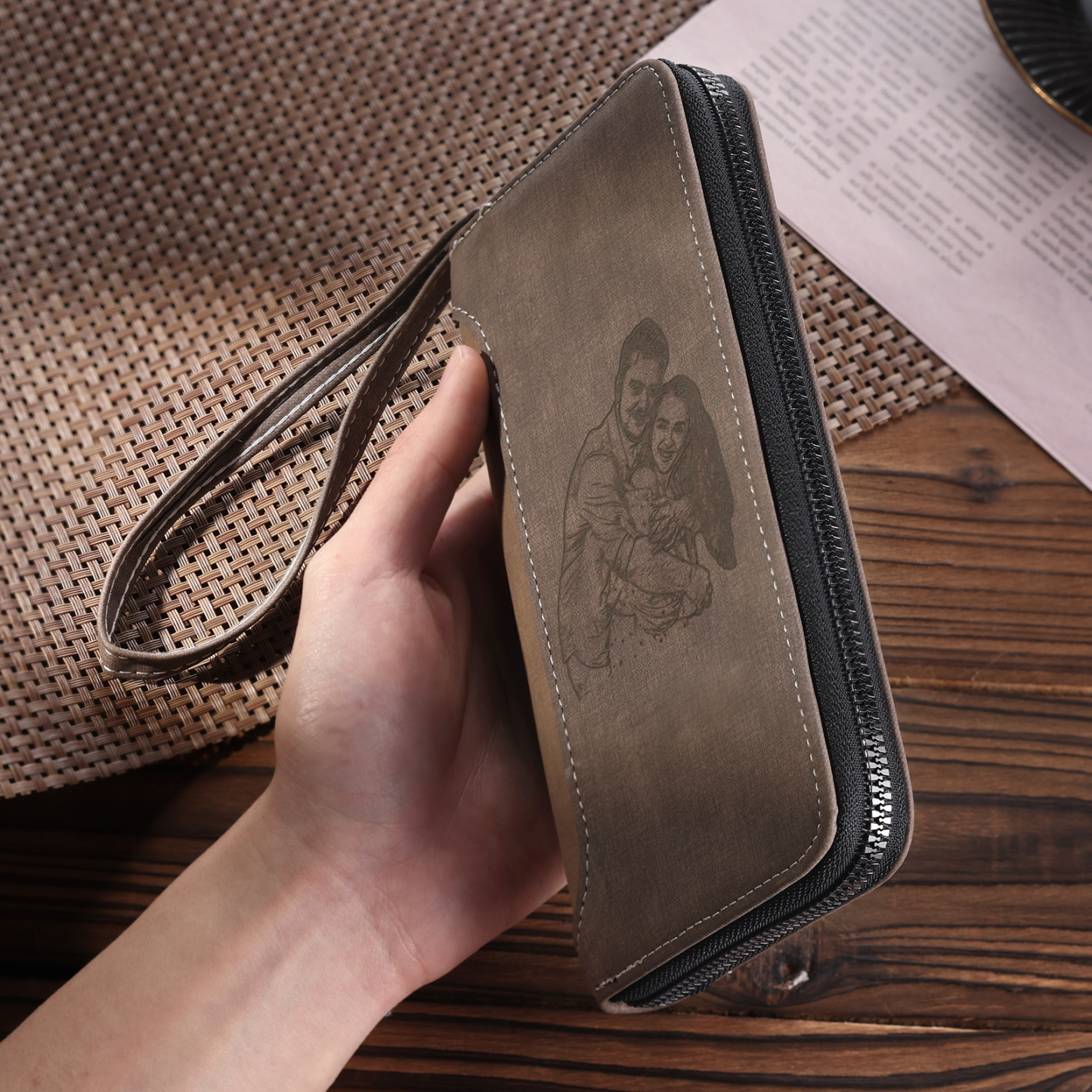 Cartera, billetera con cierre personalizada con 1 foto y 1 texto monedero para hombre-Jessemade ES