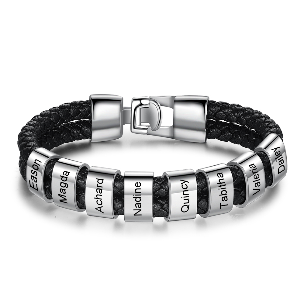 A mi papá-Pulsera de cuero trenzado Pulsera de hombre con 8 aros personalizados con 8 nombres-Jessemade ES
