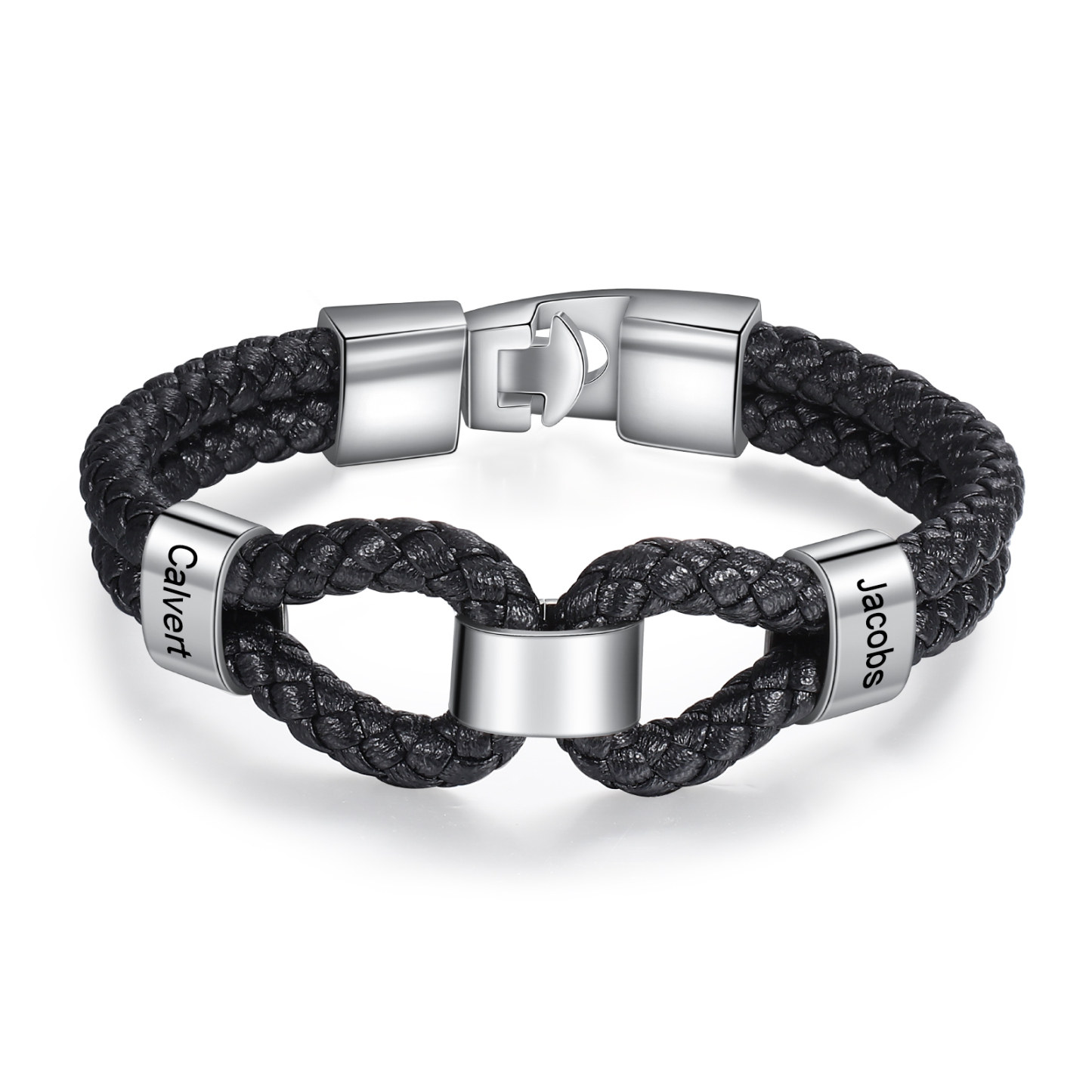 Pulsera 1-7 Nombres Personalizados de Cuero Trenzado con Aros-Jessemade ES