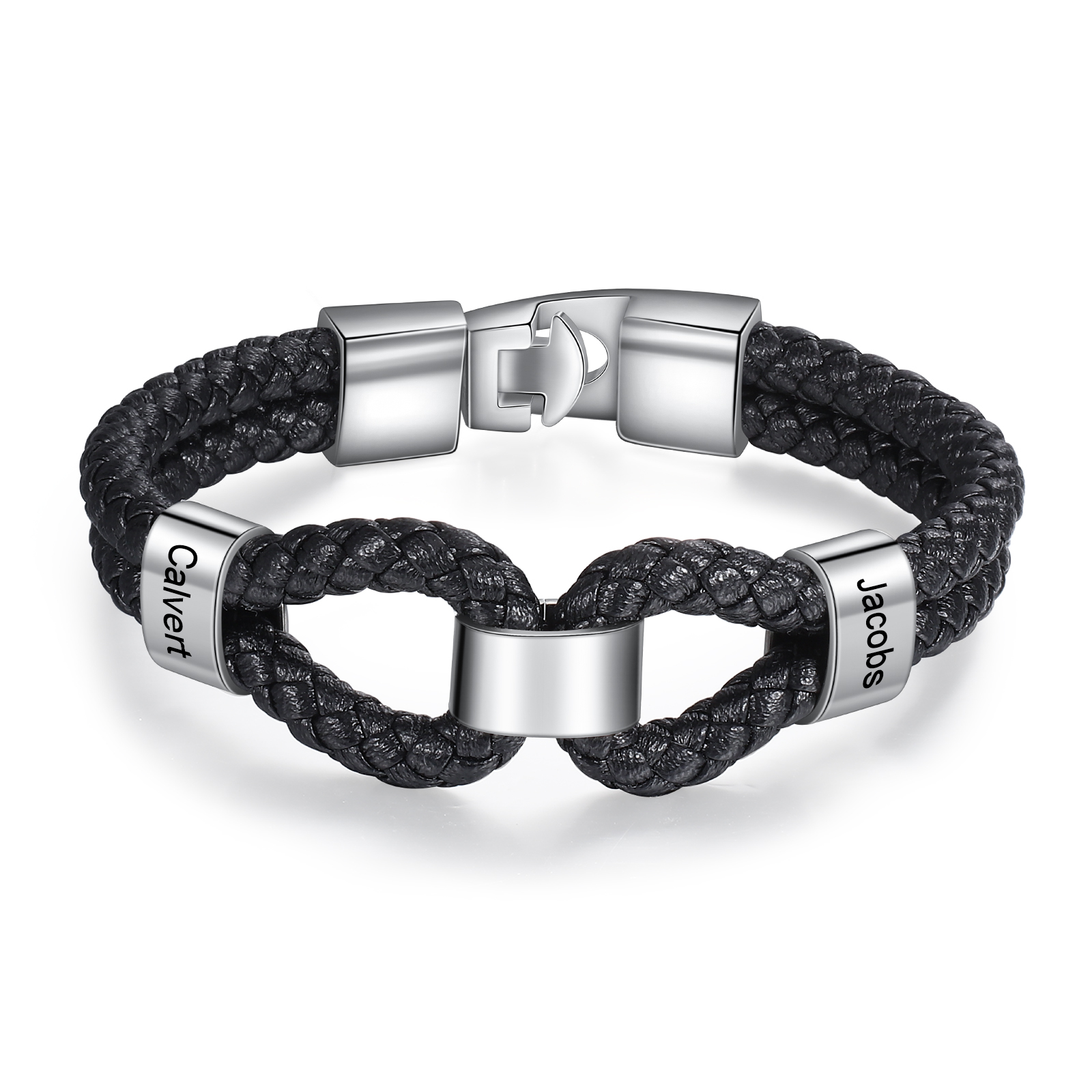Pulsera 1-7 Nombres Personalizados de Cuero Trenzado con Aros-Jessemade ES