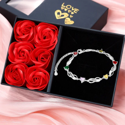 Pulsera "infinito" personalizada con 6 nombres y 6 piedras de nacimiento de corazón-Jessemade ES