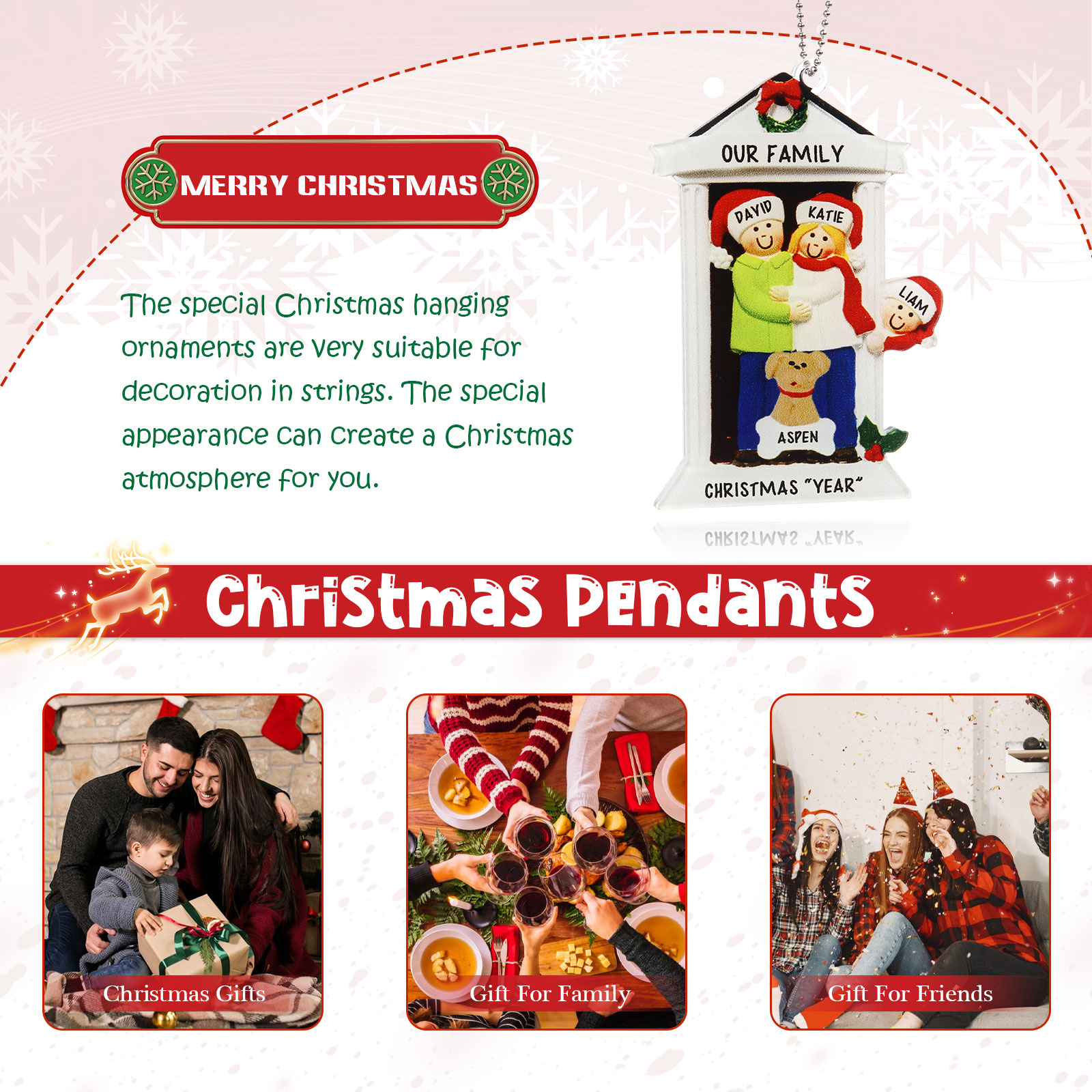 Navidad-Ornamentos Navideños de Acrílico Familia en Puerta con Perro 4 Nombres Personalizados con 2 Textos-Jessemade ES