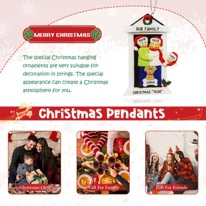 Navidad-Ornamentos Navideños de Acrílico Familia en Puerta con Perro 4 Nombres Personalizados con 2 Textos-Jessemade ES
