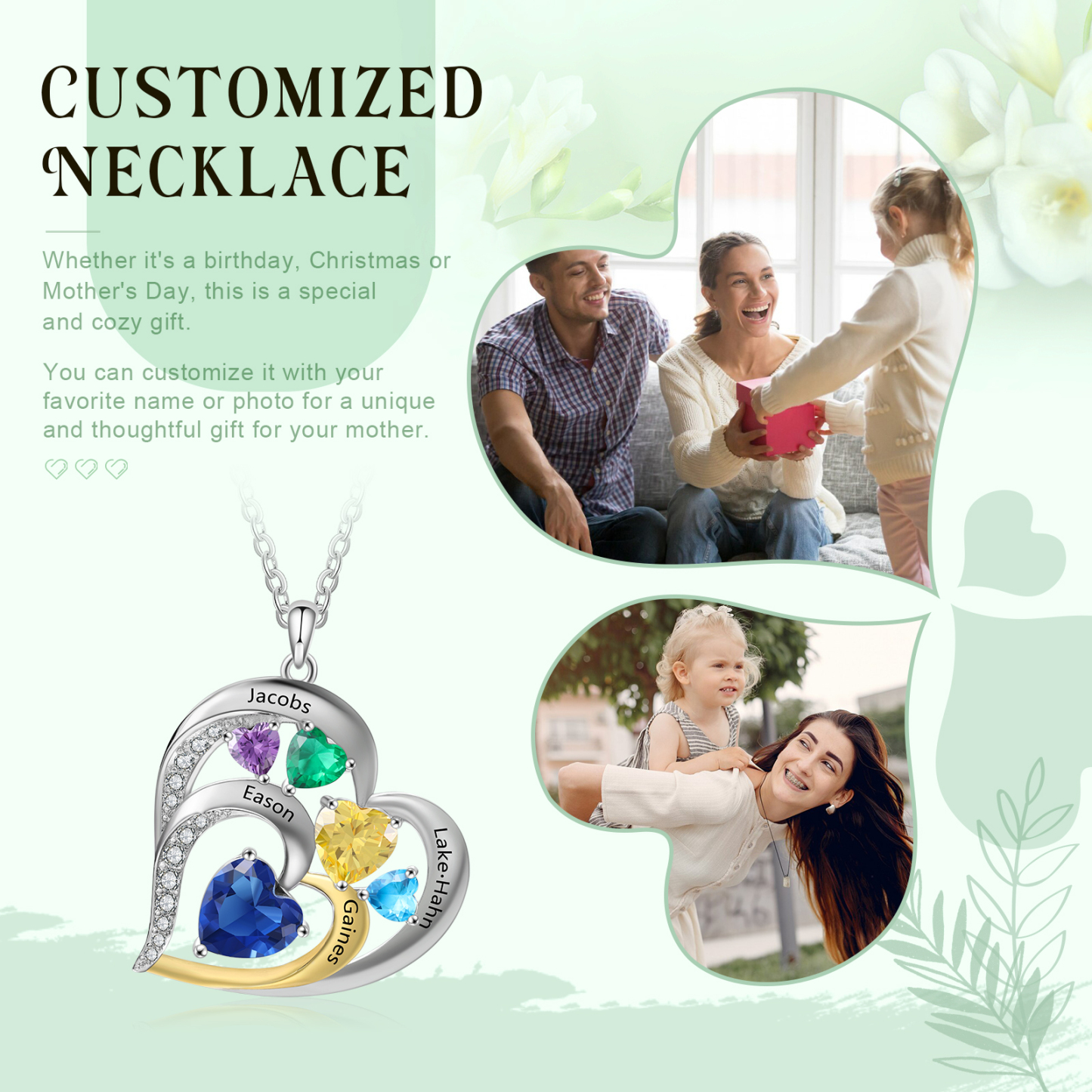 Collar corazón con 3 nombres, 1 texto y 5 piedras de nacimiento personalizados-Jessemade ES