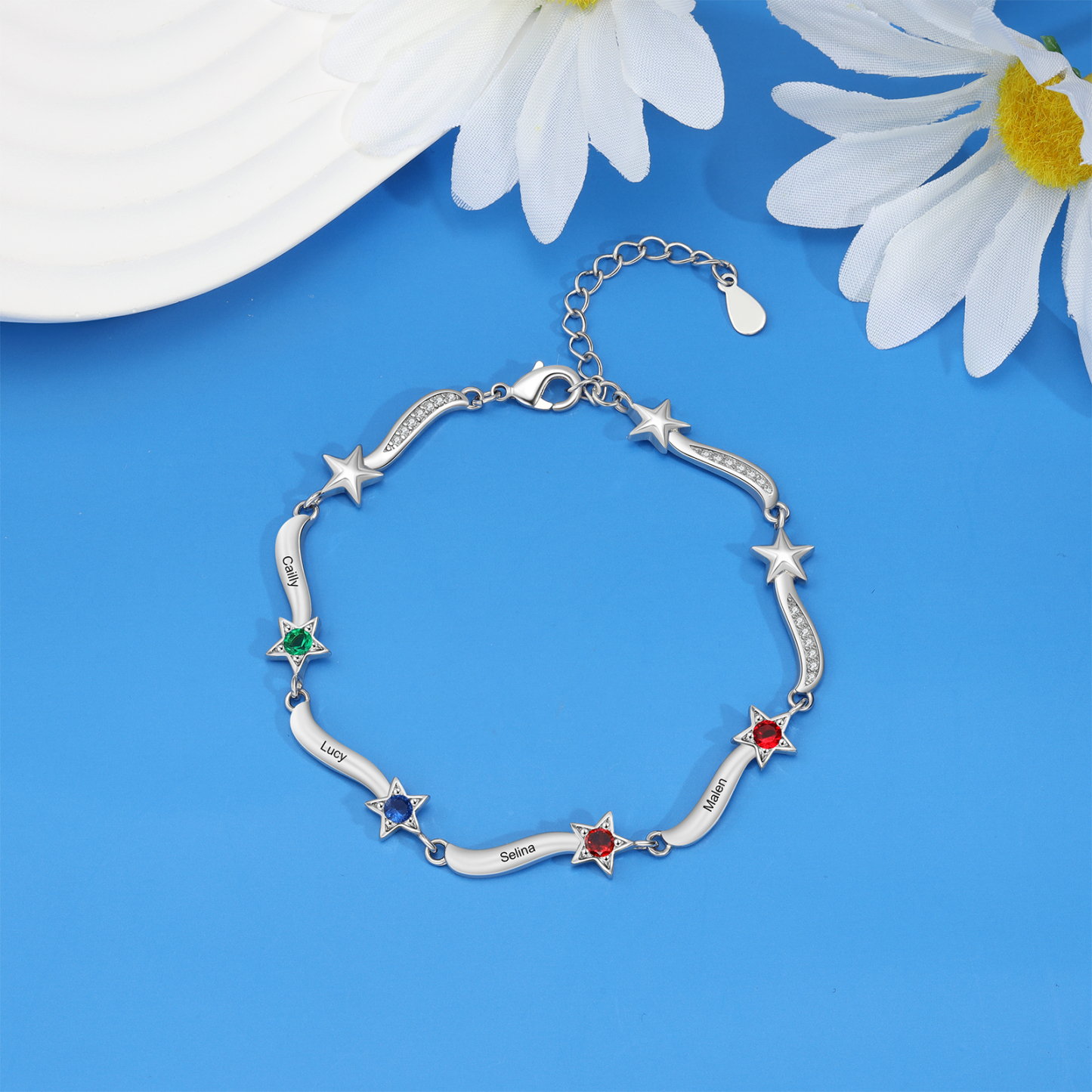 Pulsera Brazalete personalizada de 4 nombres y estrellas con 4 piedras de nacimiento-Jessemade ES