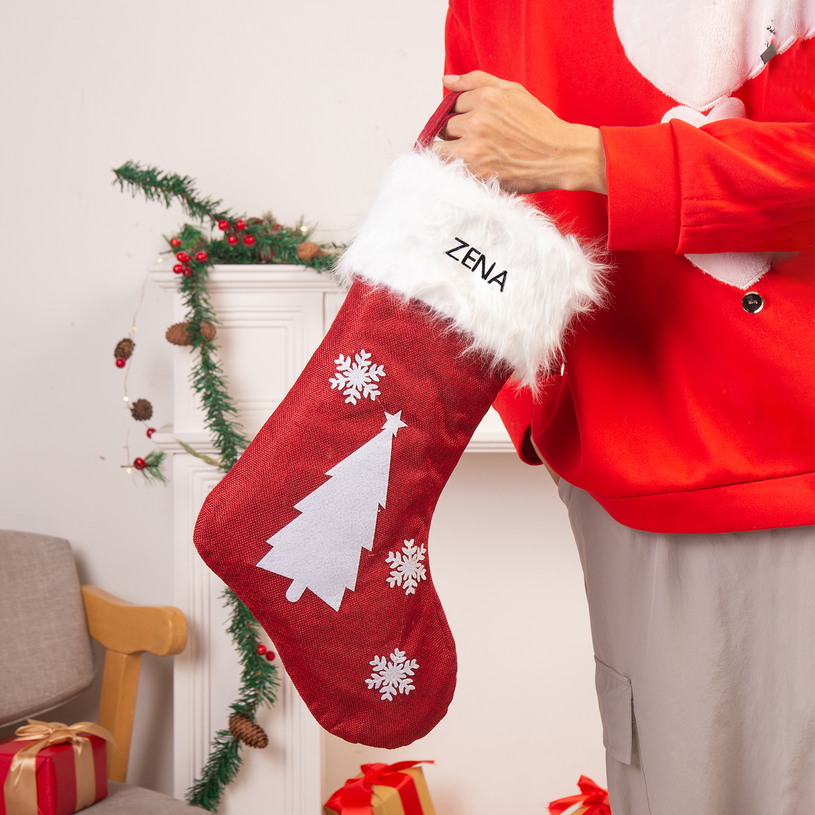 Adornos de medias navideñas con muñeco Bolsa de regalo 1 Nombre personalizado-Jessemade ES