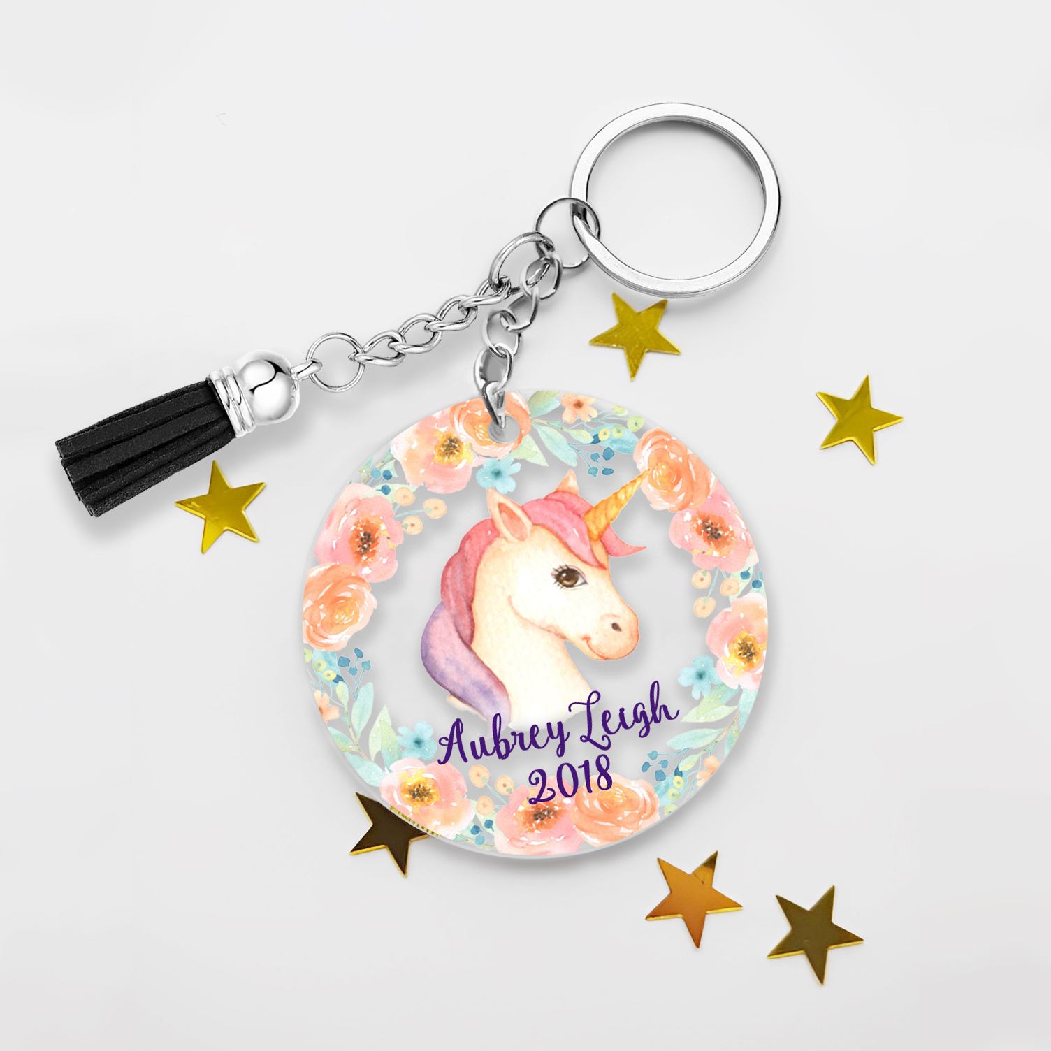 Llavero redondo de acrílico con animales para niñit@s personalizado con 1 nombre y año-Jessemade ES