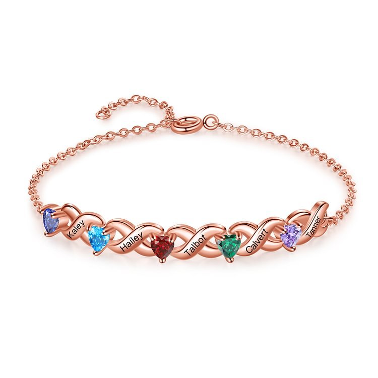 Pulsera infinito personalizada con 5 nombres y 5 piedras de nacimiento de corazón-Jessemade ES
