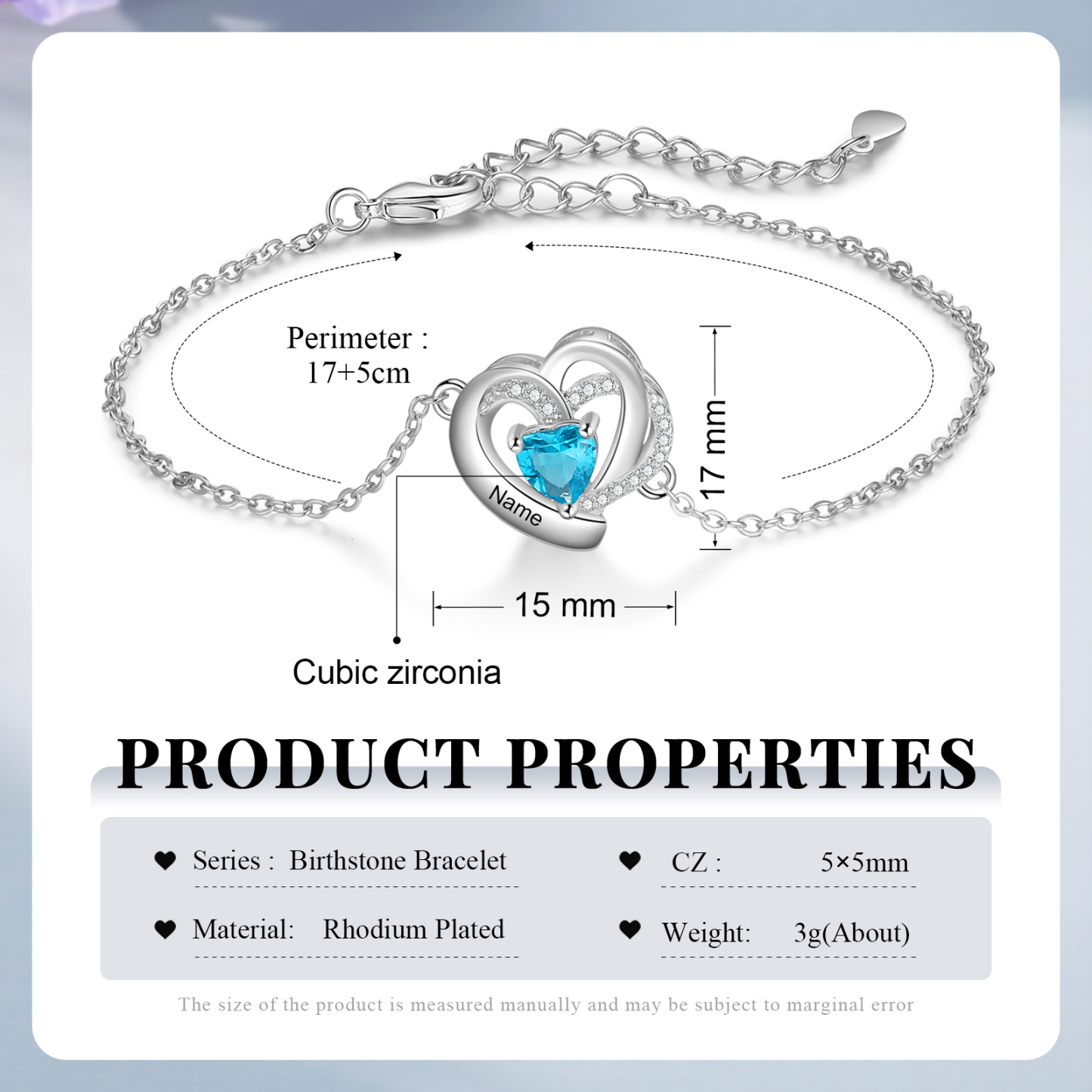 Pulsera de corazón para mujer personalizada con 1 nombre y 1 piedra de nacimiento-Jessemade ES