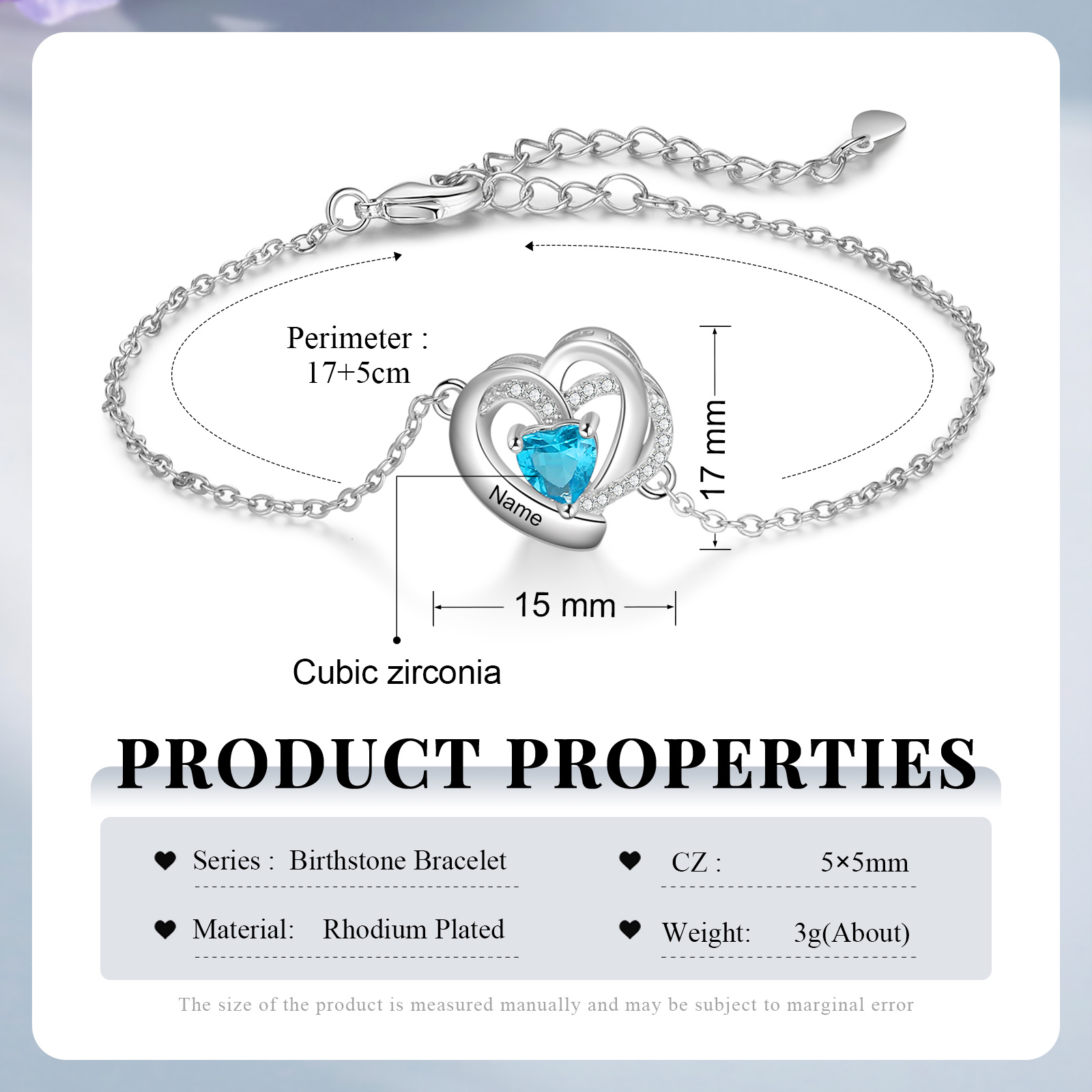 Pulsera de corazón para mujer personalizada con 1 nombre y 1 piedra de nacimiento-Jessemade ES