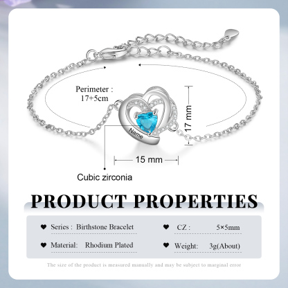 Pulsera de corazón para mujer personalizada con 1 nombre y 1 piedra de nacimiento-Jessemade ES