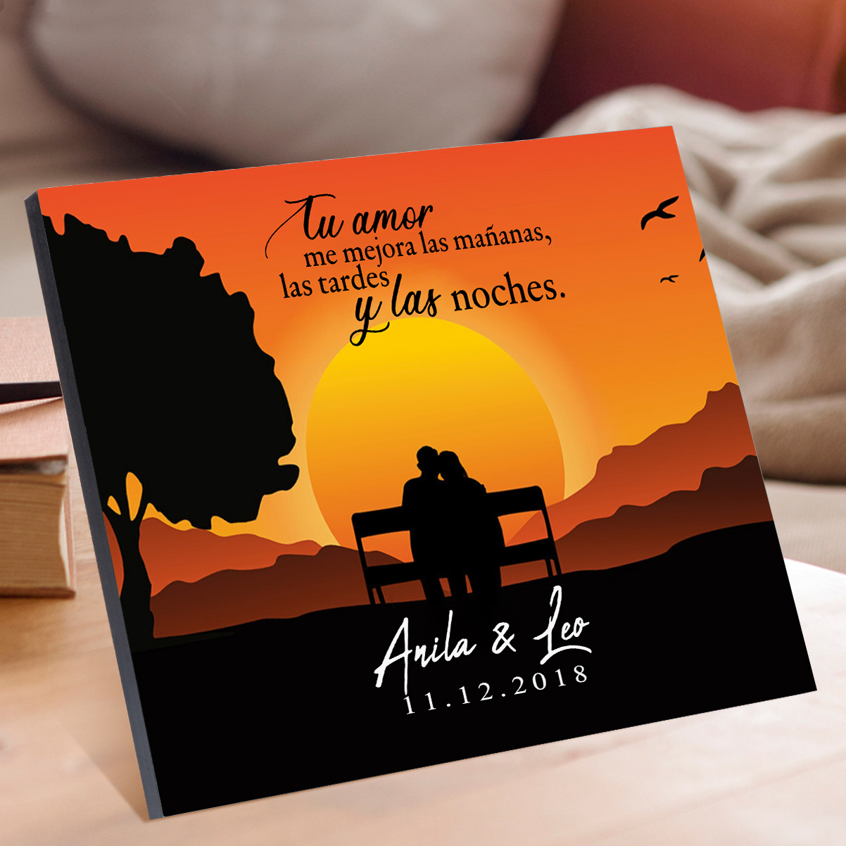 Lámina ocaso marco de madera para pareja personalizado con 2 nombres y fecha-Jessemade ES