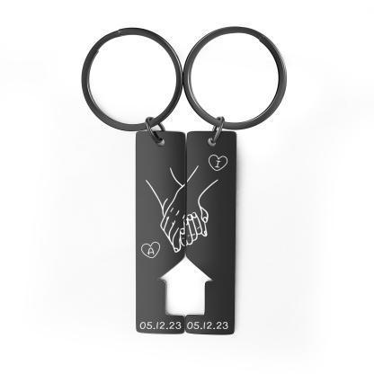 Llavero con casa encajada para pareja manos cogidas 2 letras personalizadas con fecha-Jessemade ES