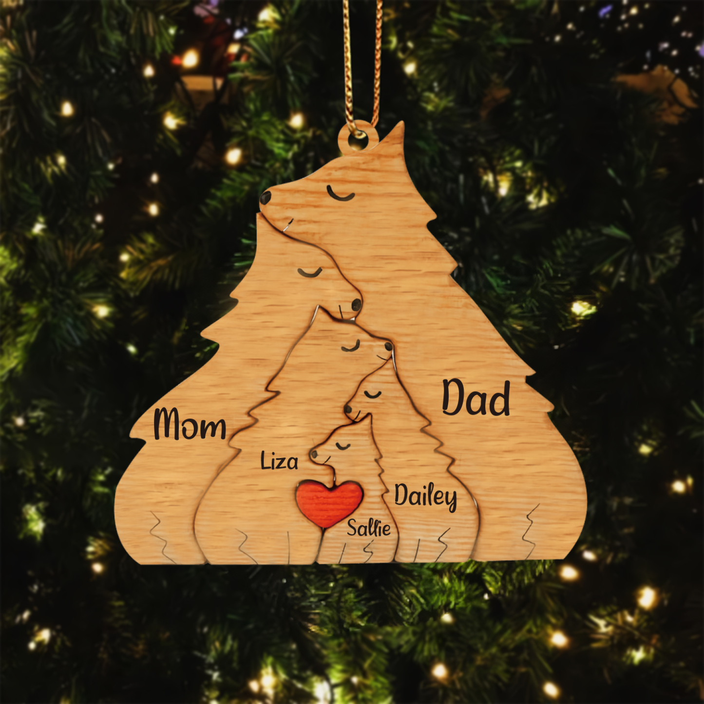 Navidad-Ornamento muñecos navideño de madera familia de zorros 5 nombres personalizados adorno del árbol-Jessemade ES